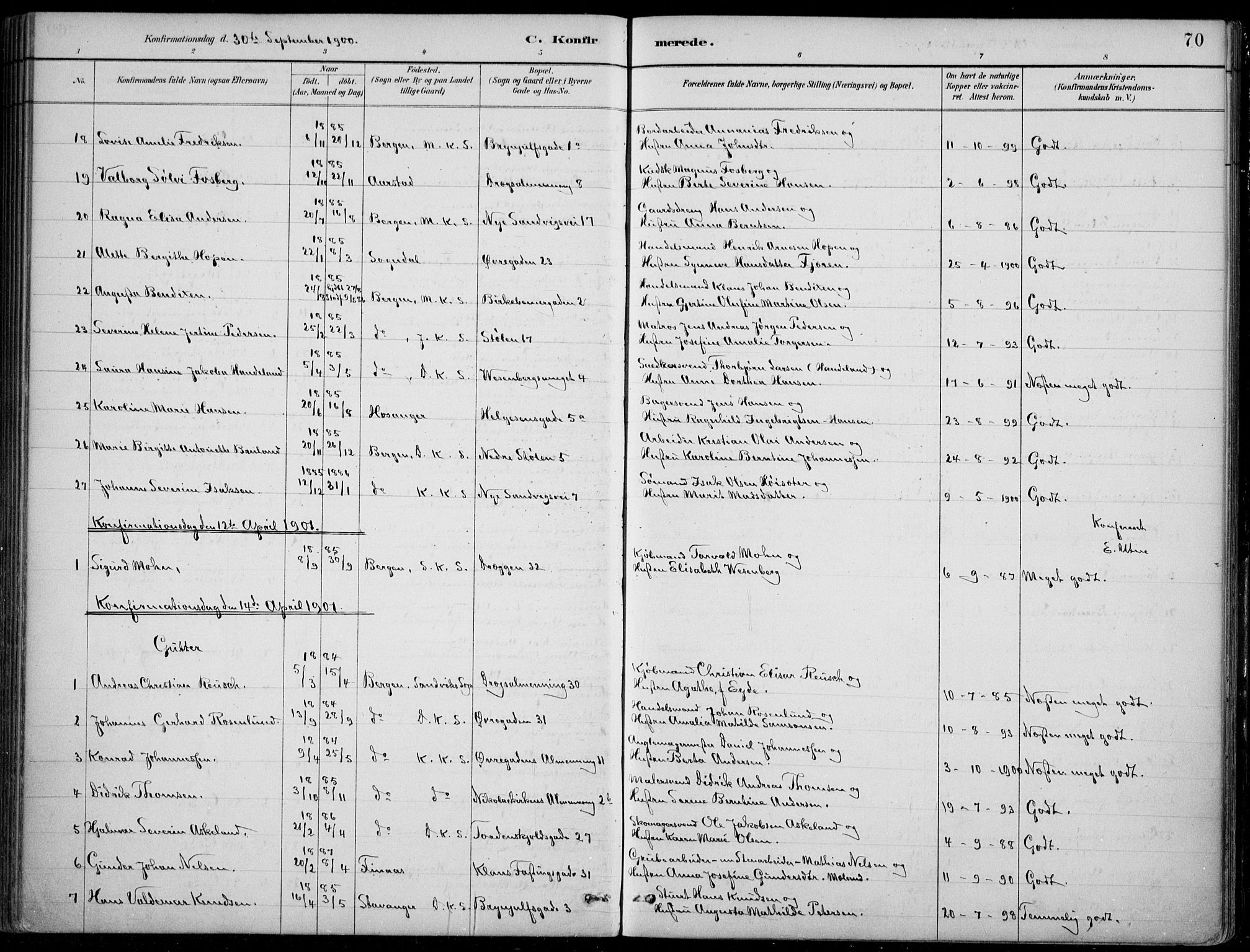 Mariakirken Sokneprestembete, SAB/A-76901/H/Hab/L0008: Parish register (copy) no. A 8, 1889-1908, p. 70