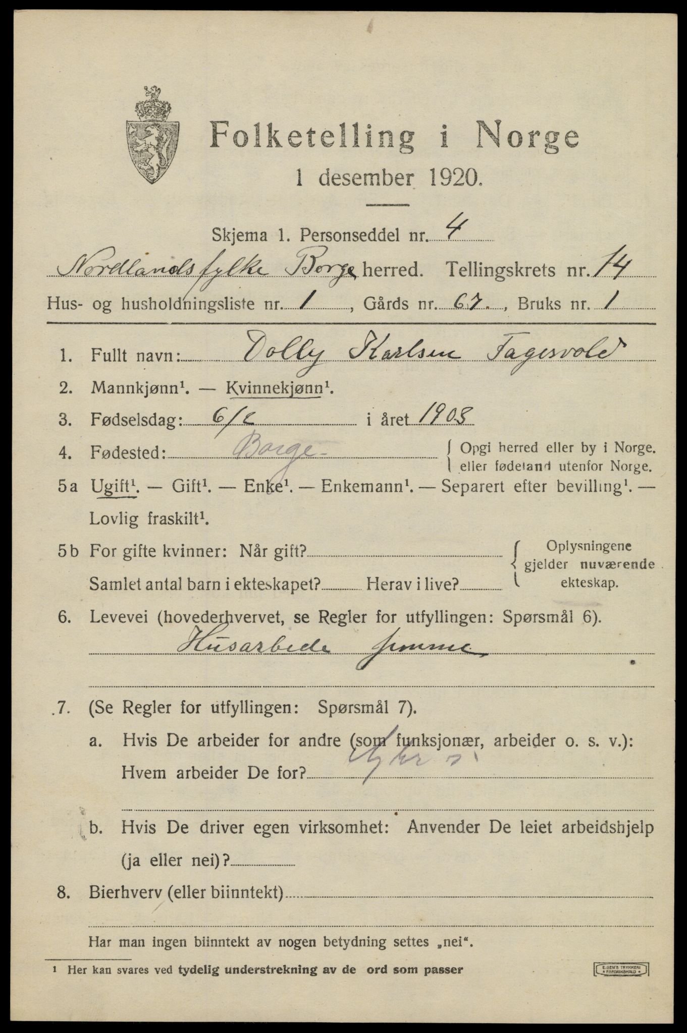 SAT, 1920 census for Borge, 1920, p. 10613