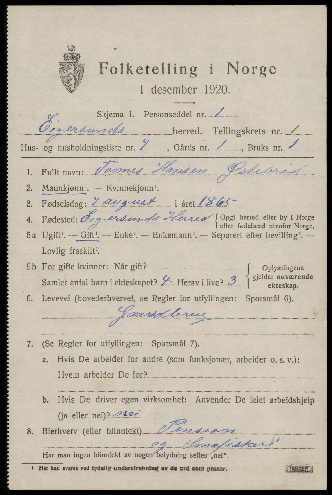 SAST, 1920 census for Eigersund, 1920, p. 1263