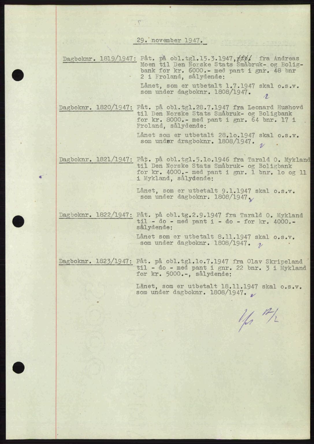 Nedenes sorenskriveri, AV/SAK-1221-0006/G/Gb/Gba/L0058: Mortgage book no. A10, 1947-1948, Diary no: : 1819/1947