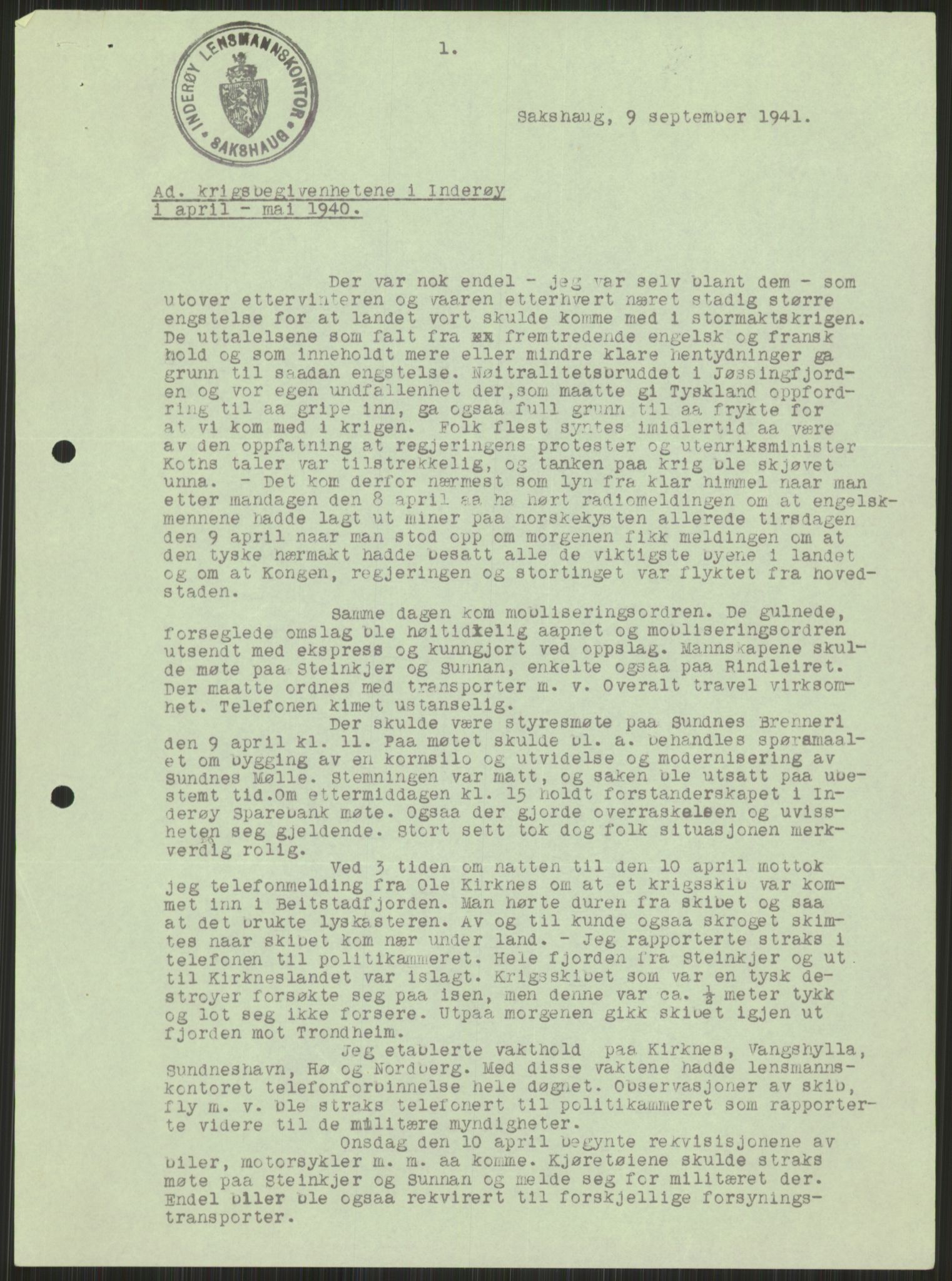 Forsvaret, Forsvarets krigshistoriske avdeling, AV/RA-RAFA-2017/Y/Ya/L0016: II-C-11-31 - Fylkesmenn.  Rapporter om krigsbegivenhetene 1940., 1940, p. 475