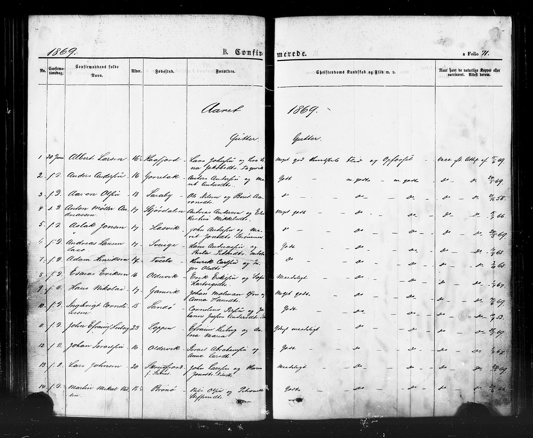 Hammerfest sokneprestkontor, SATØ/S-1347/H/Ha/L0007.kirke: Parish register (official) no. 7, 1869-1884, p. 71