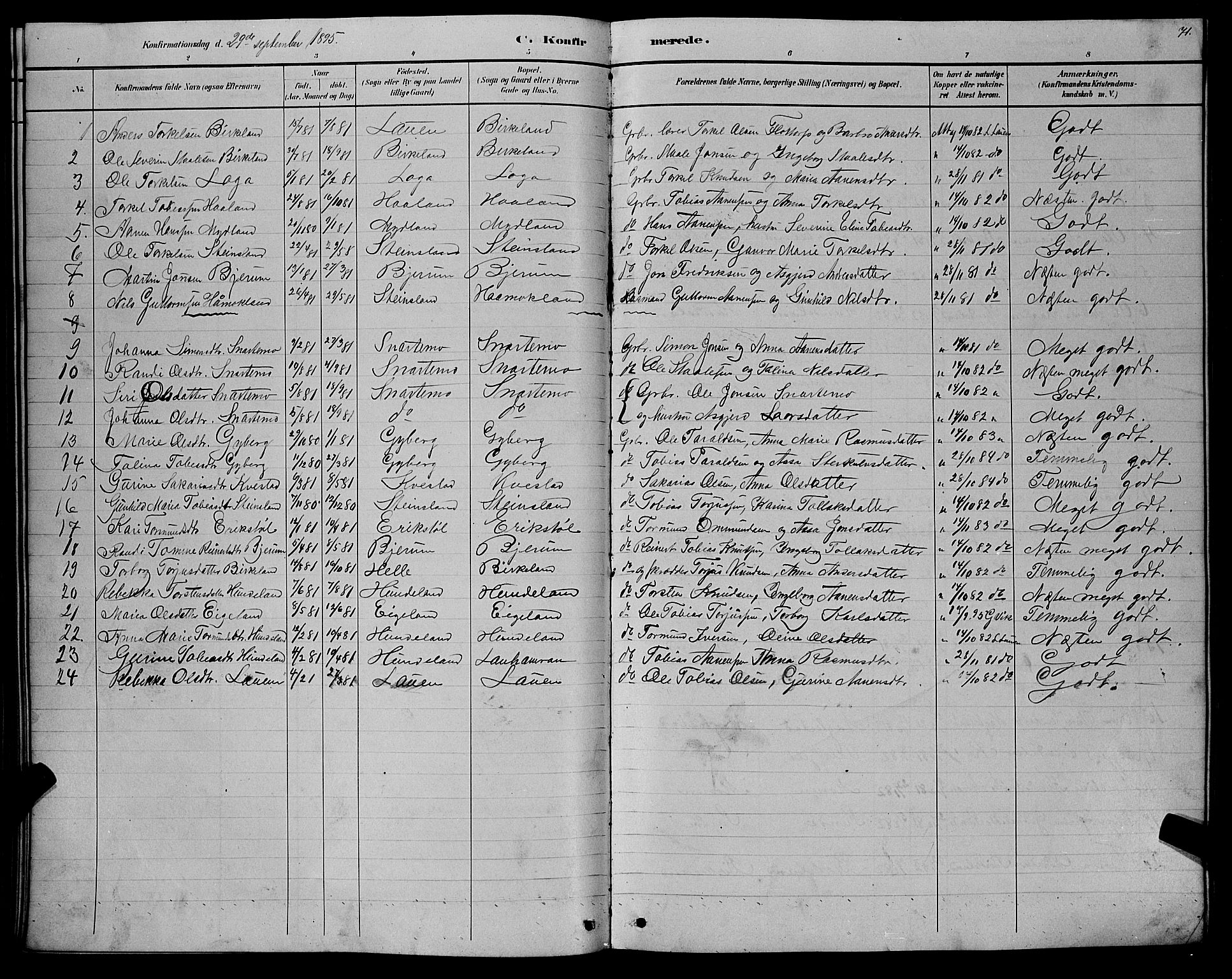 Hægebostad sokneprestkontor, SAK/1111-0024/F/Fb/Fba/L0003: Parish register (copy) no. B 3, 1883-1896, p. 71