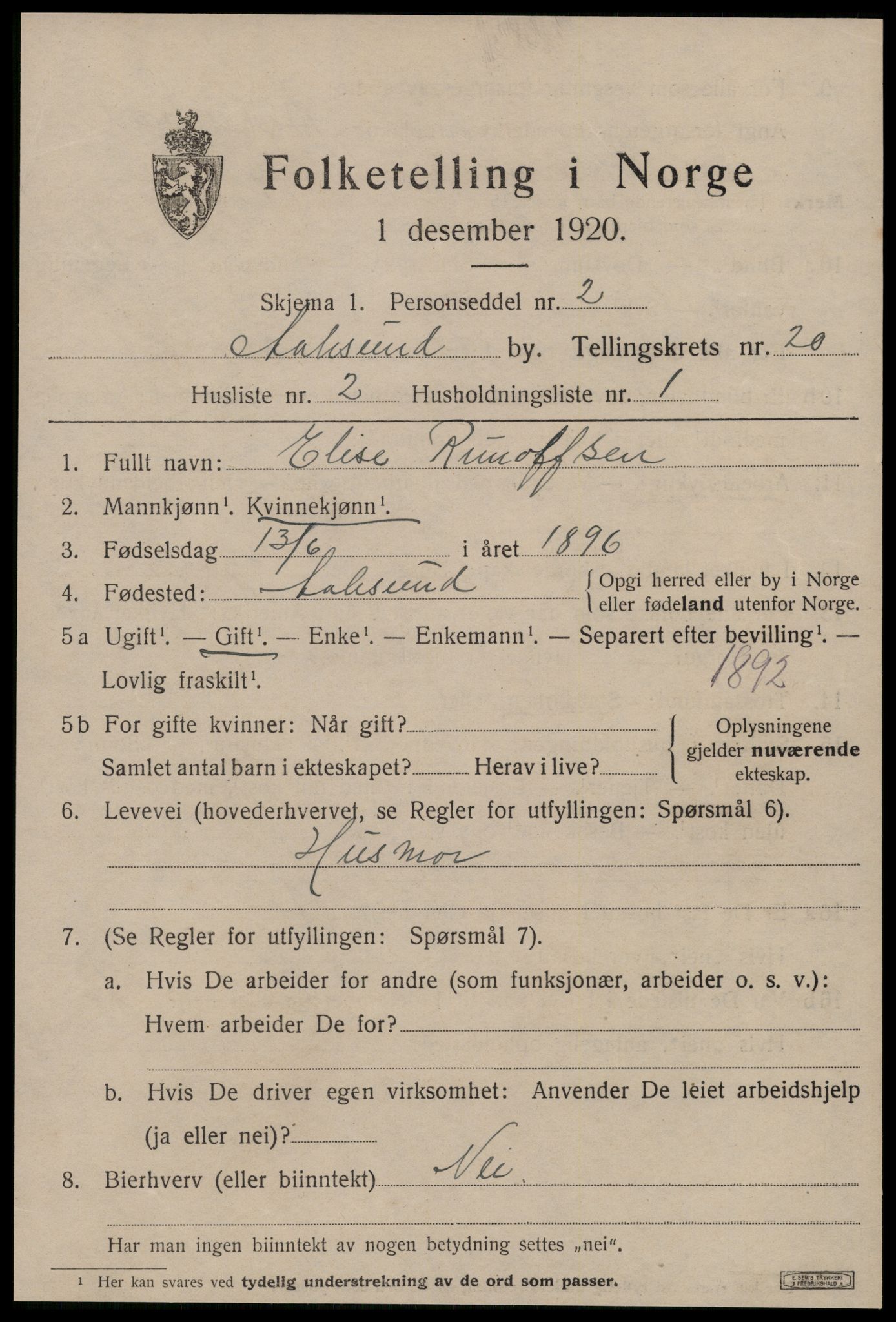 SAT, 1920 census for Ålesund, 1920, p. 36998