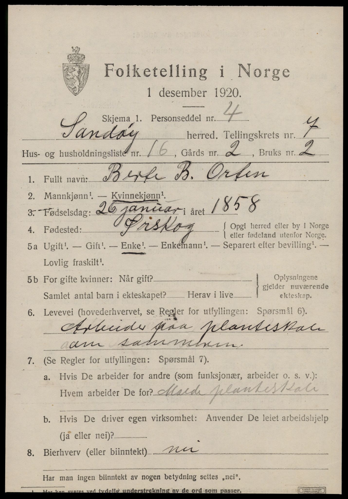 SAT, 1920 census for Sandøy, 1920, p. 2482