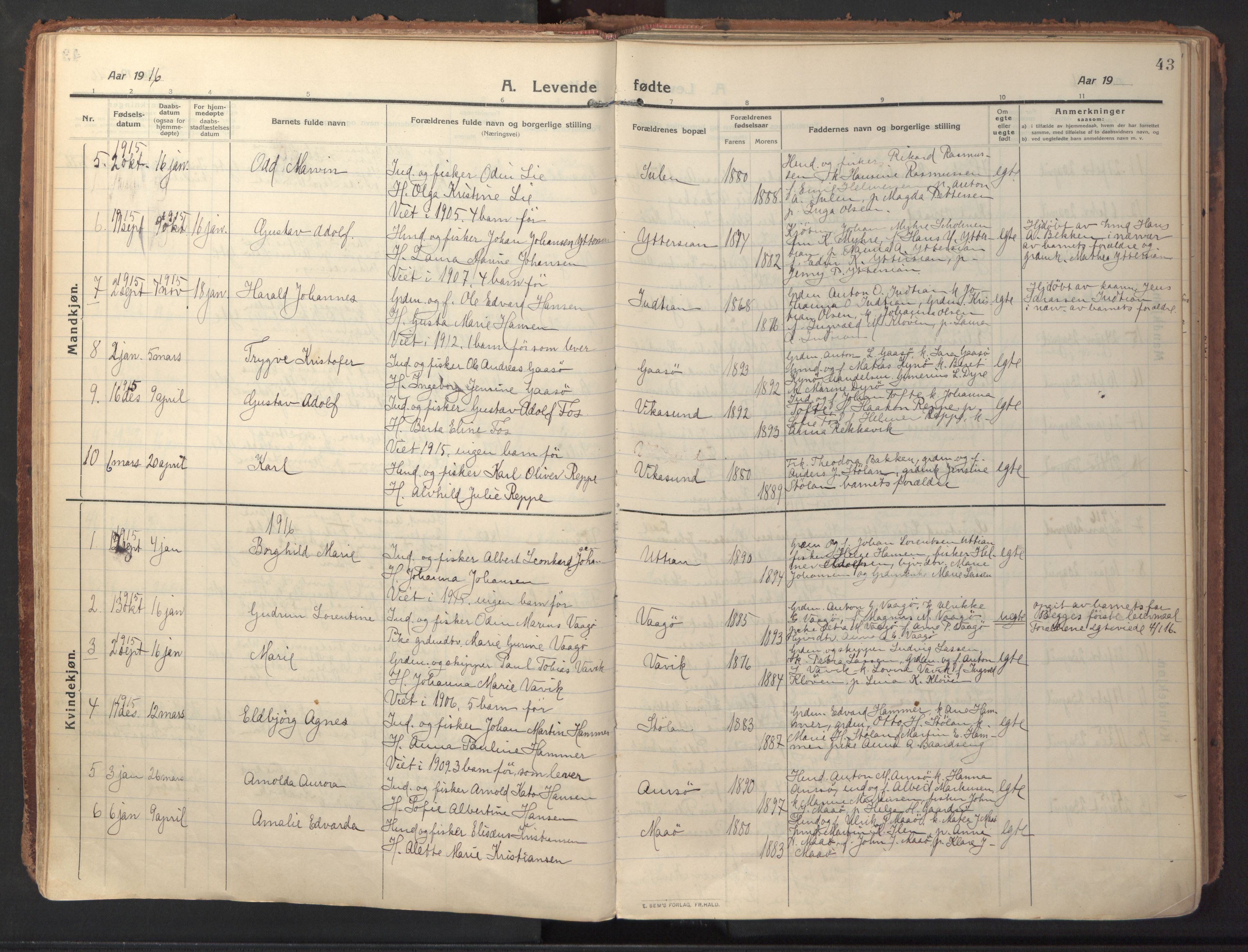 Ministerialprotokoller, klokkerbøker og fødselsregistre - Sør-Trøndelag, SAT/A-1456/640/L0581: Parish register (official) no. 640A06, 1910-1924, p. 43