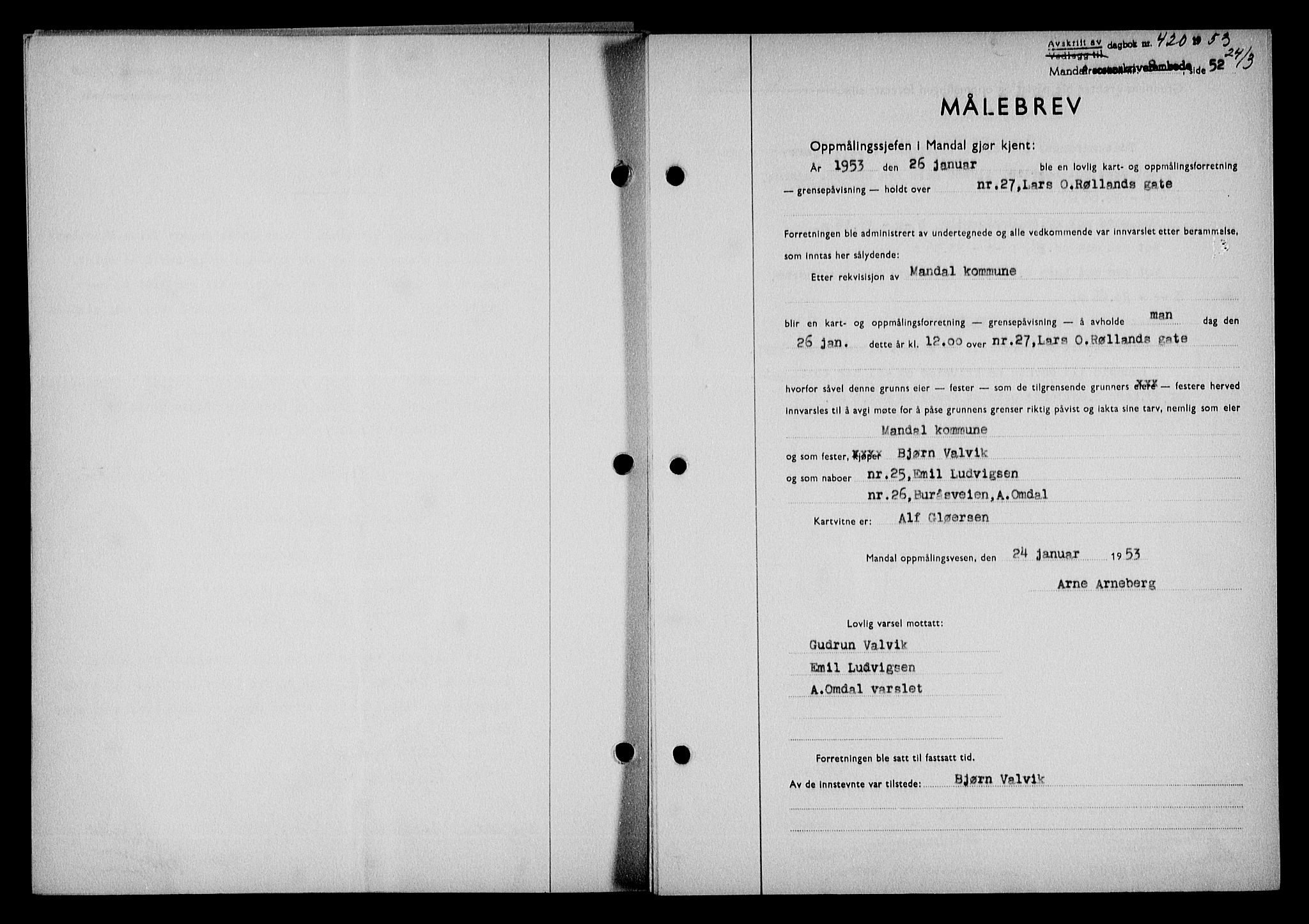 Mandal sorenskriveri, SAK/1221-0005/001/G/Gb/Gba/L0087: Mortgage book no. A-24, 1953-1953, Diary no: : 420/1953