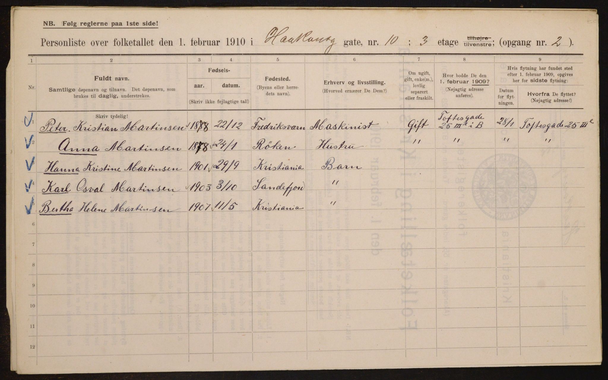 OBA, Municipal Census 1910 for Kristiania, 1910, p. 41857