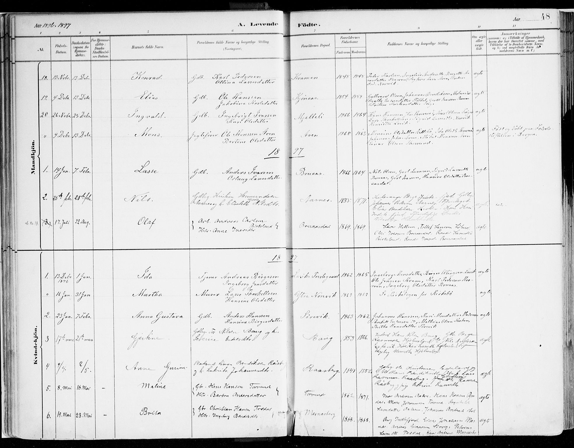 Lavik sokneprestembete, AV/SAB-A-80901: Parish register (official) no. B 1, 1882-1908, p. 48