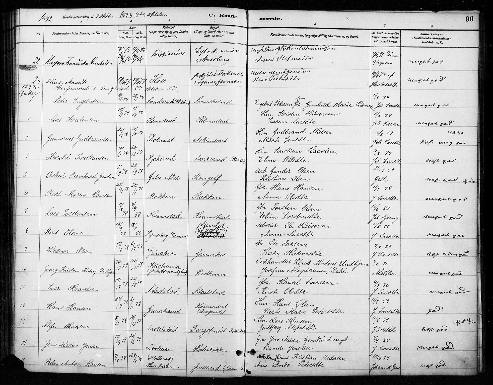Gran prestekontor, SAH/PREST-112/H/Ha/Haa/L0018: Parish register (official) no. 18, 1889-1899, p. 96