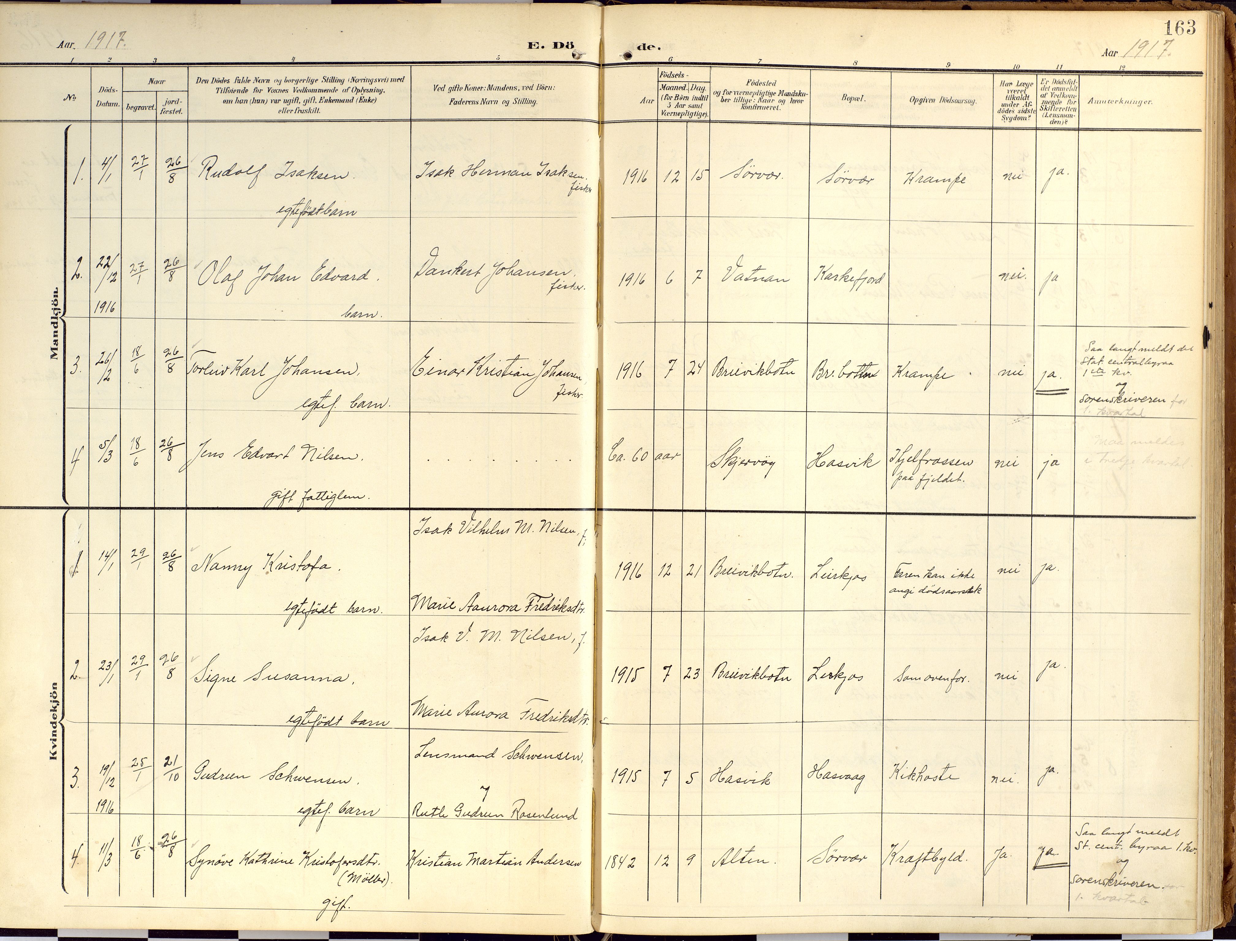 Loppa sokneprestkontor, SATØ/S-1339/H/Ha/L0010kirke: Parish register (official) no. 10, 1907-1922, p. 163