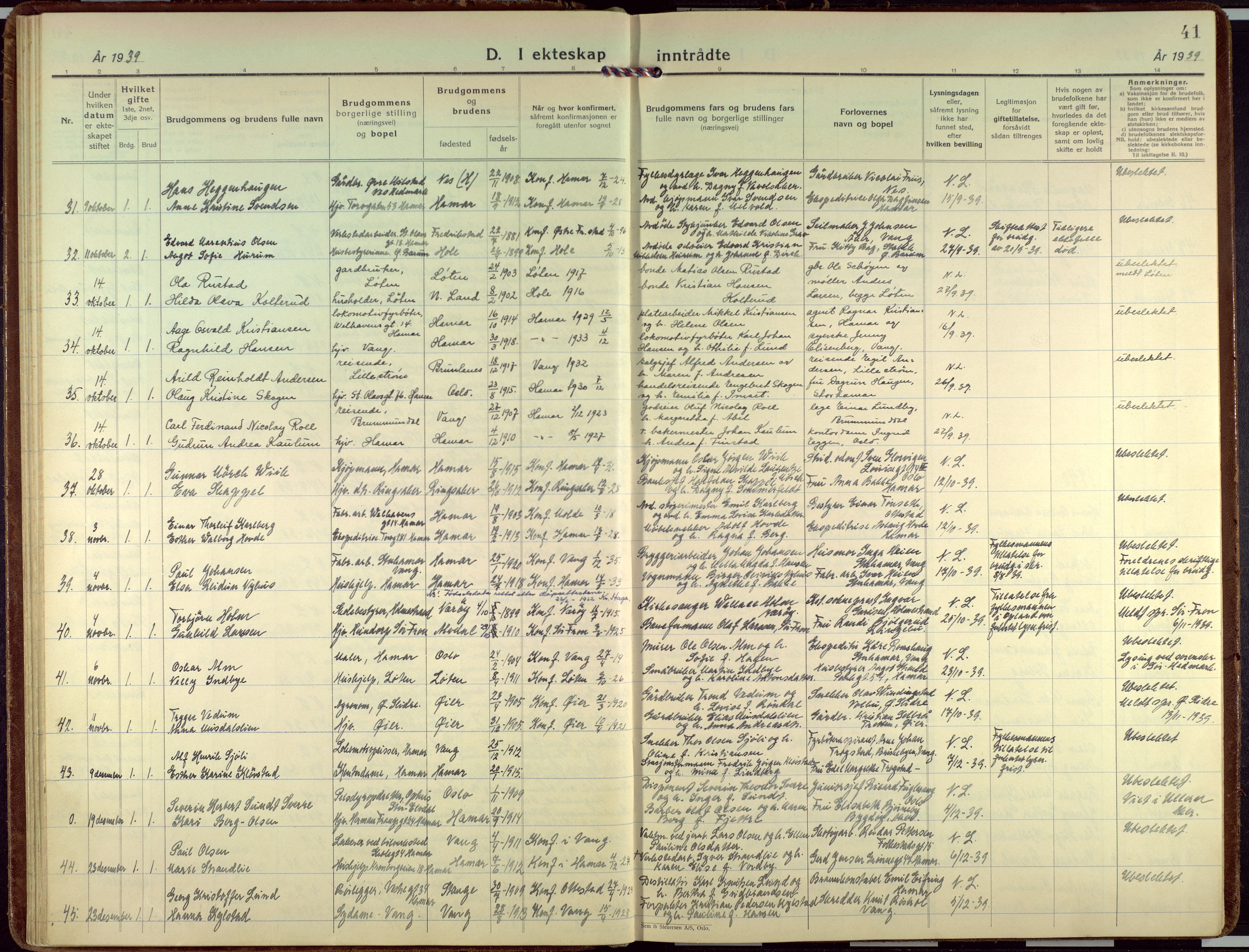 Hamar prestekontor, AV/SAH-DOMPH-002/H/Ha/Haa/L0006: Parish register (official) no. 6, 1931-1953, p. 41