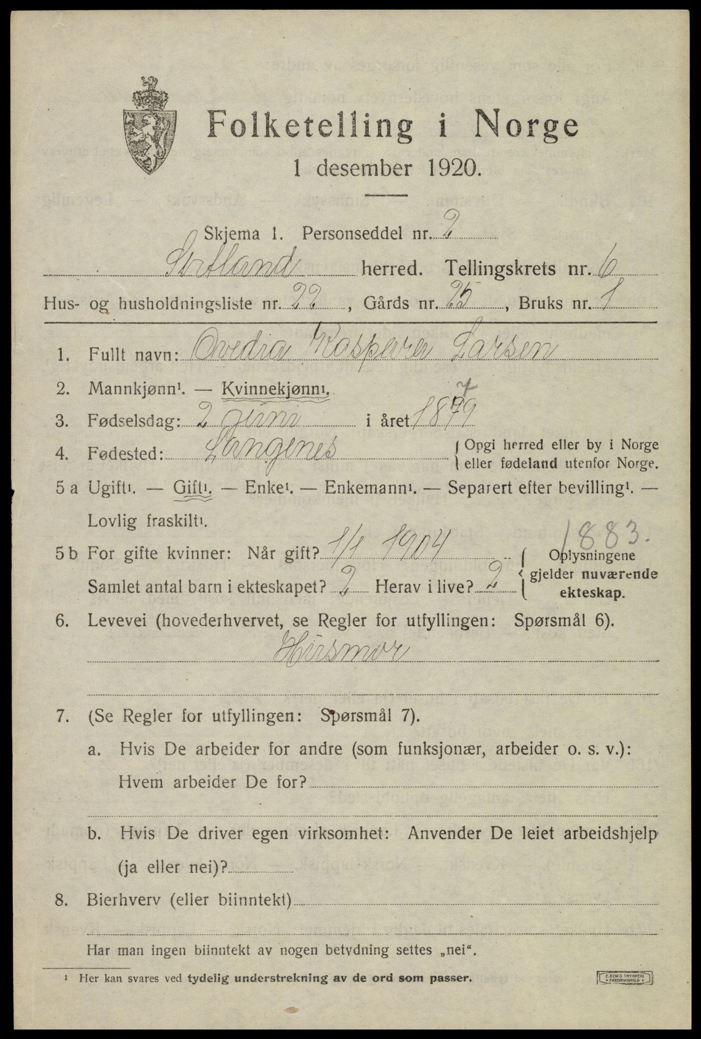 SAT, 1920 census for Sortland, 1920, p. 6518