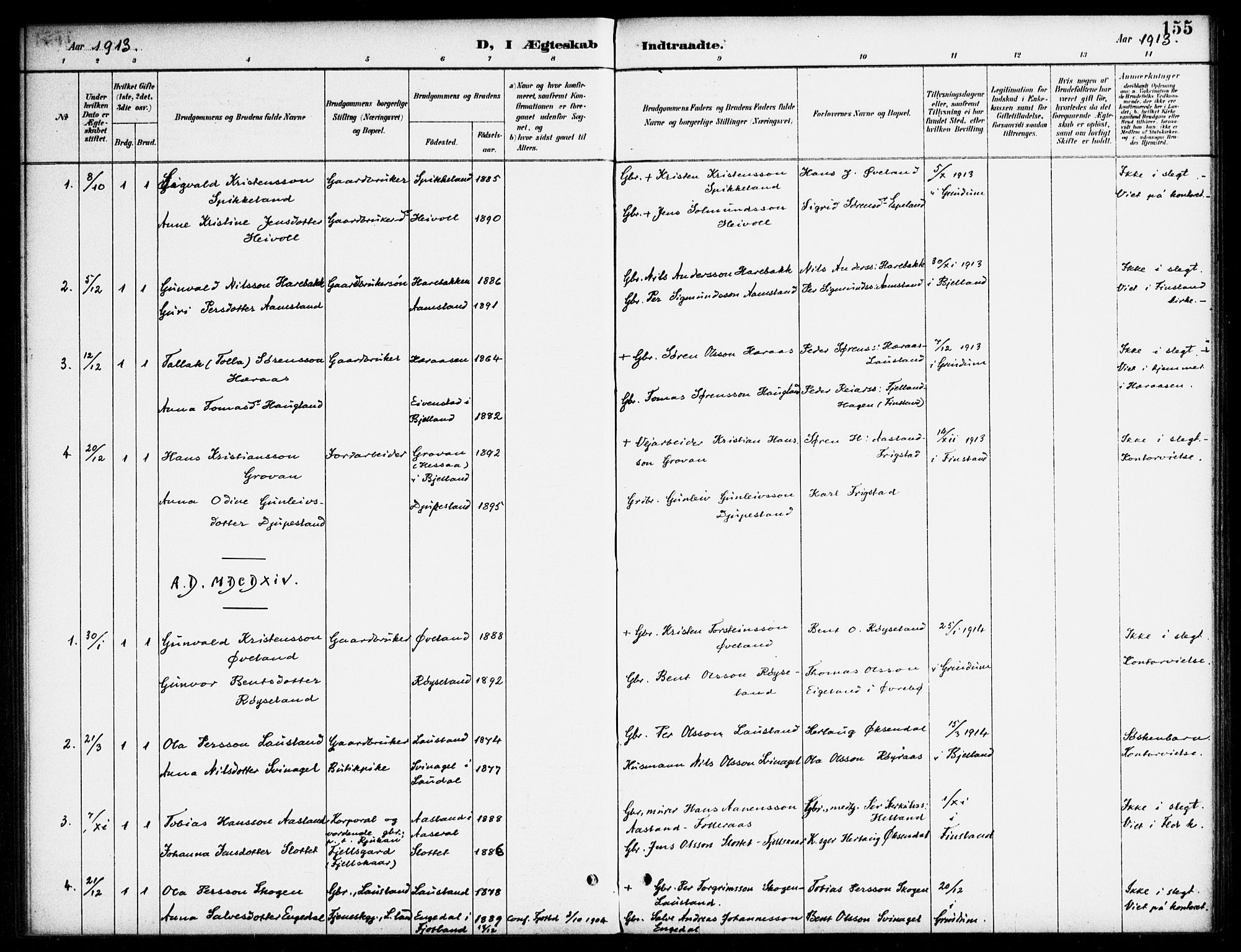 Bjelland sokneprestkontor, SAK/1111-0005/F/Fa/Fab/L0004: Parish register (official) no. A 4, 1887-1920, p. 155