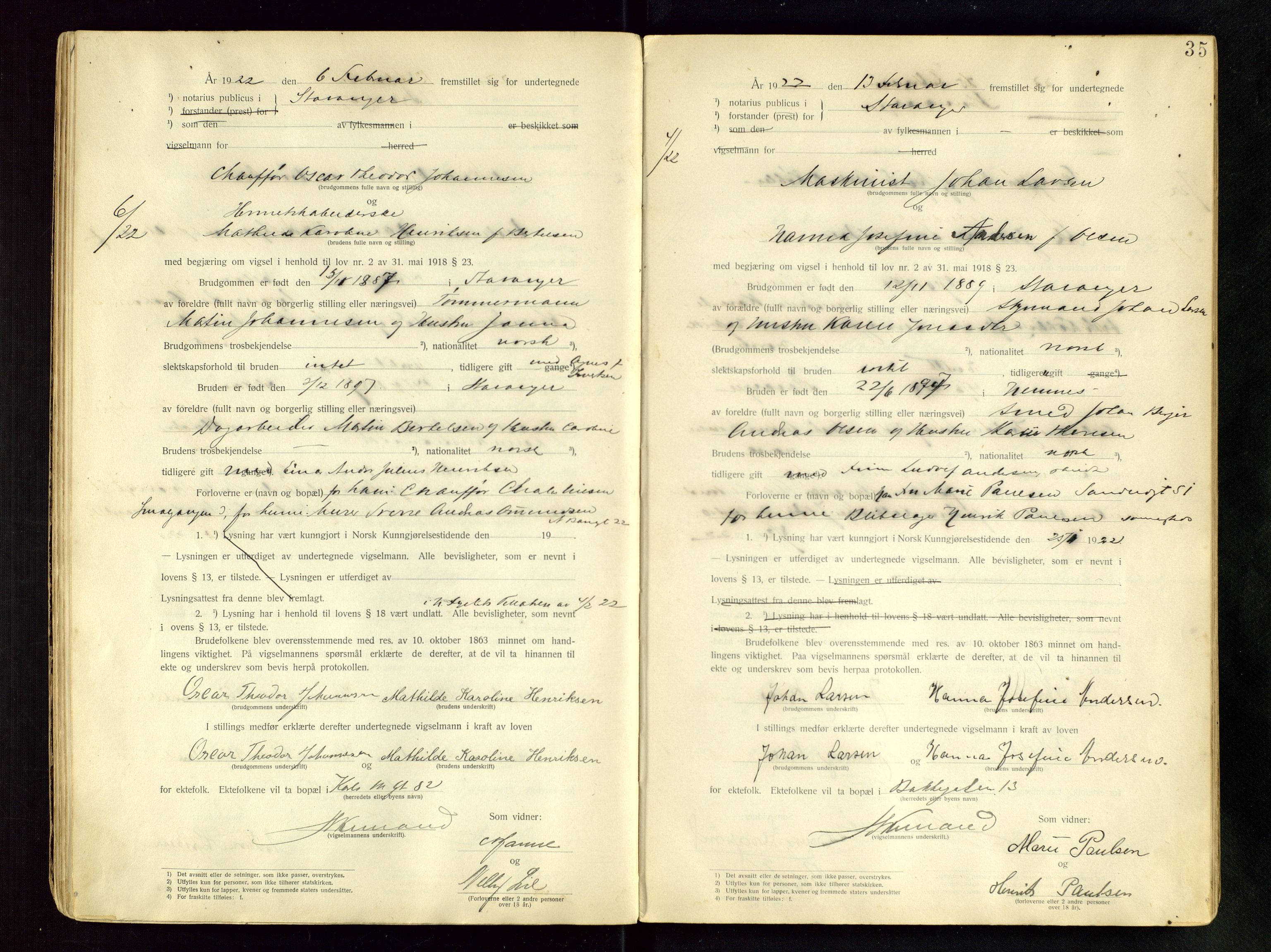 Stavanger byfogd, AV/SAST-A-101408/001/6/62/62BB/L0001: Vigselsprotokoll, 1920-1926, p. 35