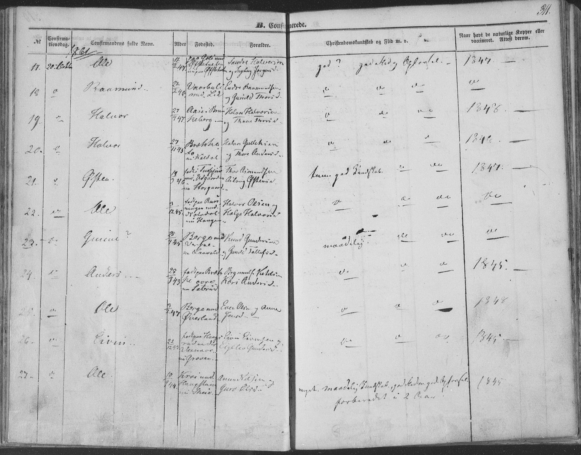 Seljord kirkebøker, AV/SAKO-A-20/F/Fa/L012b: Parish register (official) no. I 12B, 1850-1865, p. 311