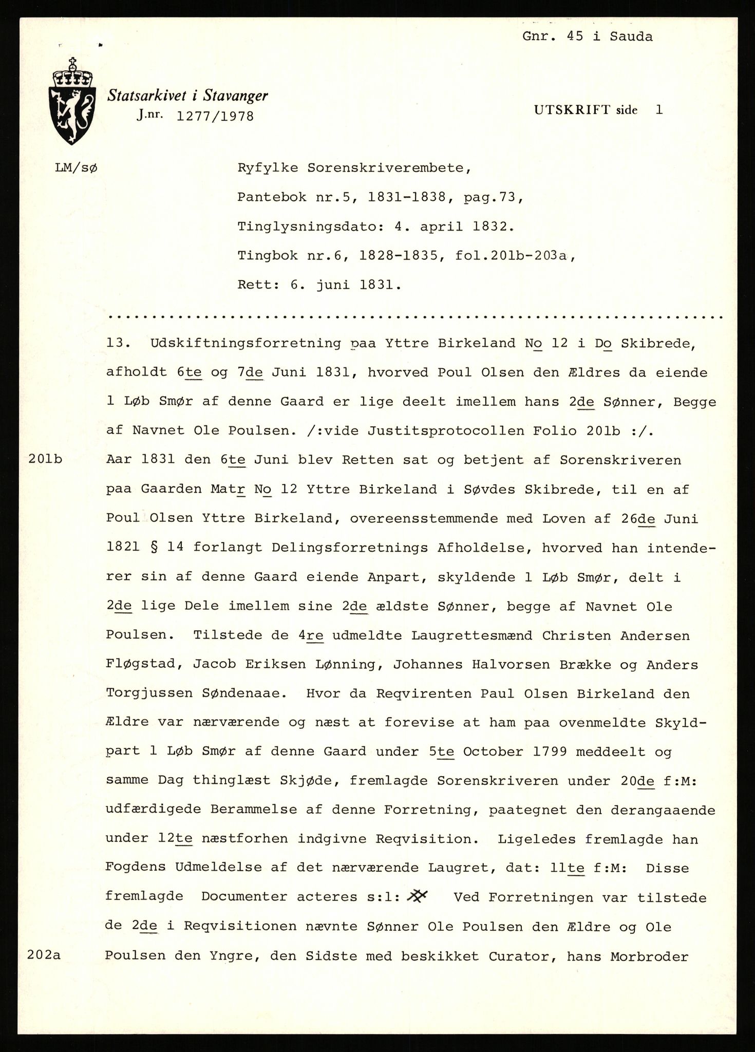 Statsarkivet i Stavanger, AV/SAST-A-101971/03/Y/Yj/L0008: Avskrifter sortert etter gårdsnavn: Birkeland indre - Bjerge, 1750-1930, p. 33