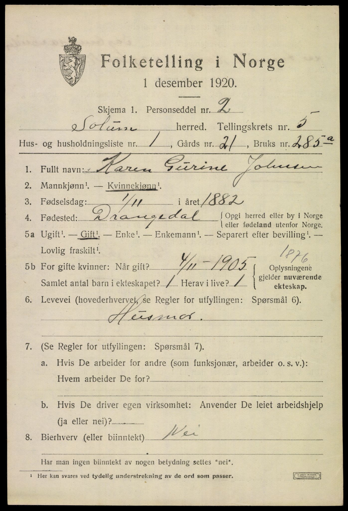 SAKO, 1920 census for Solum, 1920, p. 10698