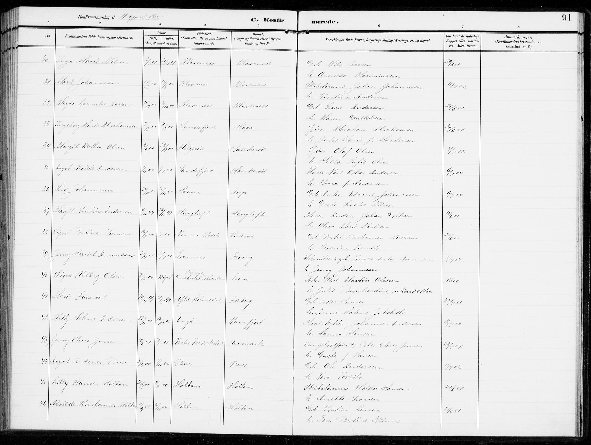 Sandar kirkebøker, AV/SAKO-A-243/F/Fa/L0017: Parish register (official) no. 17, 1907-1917, p. 91