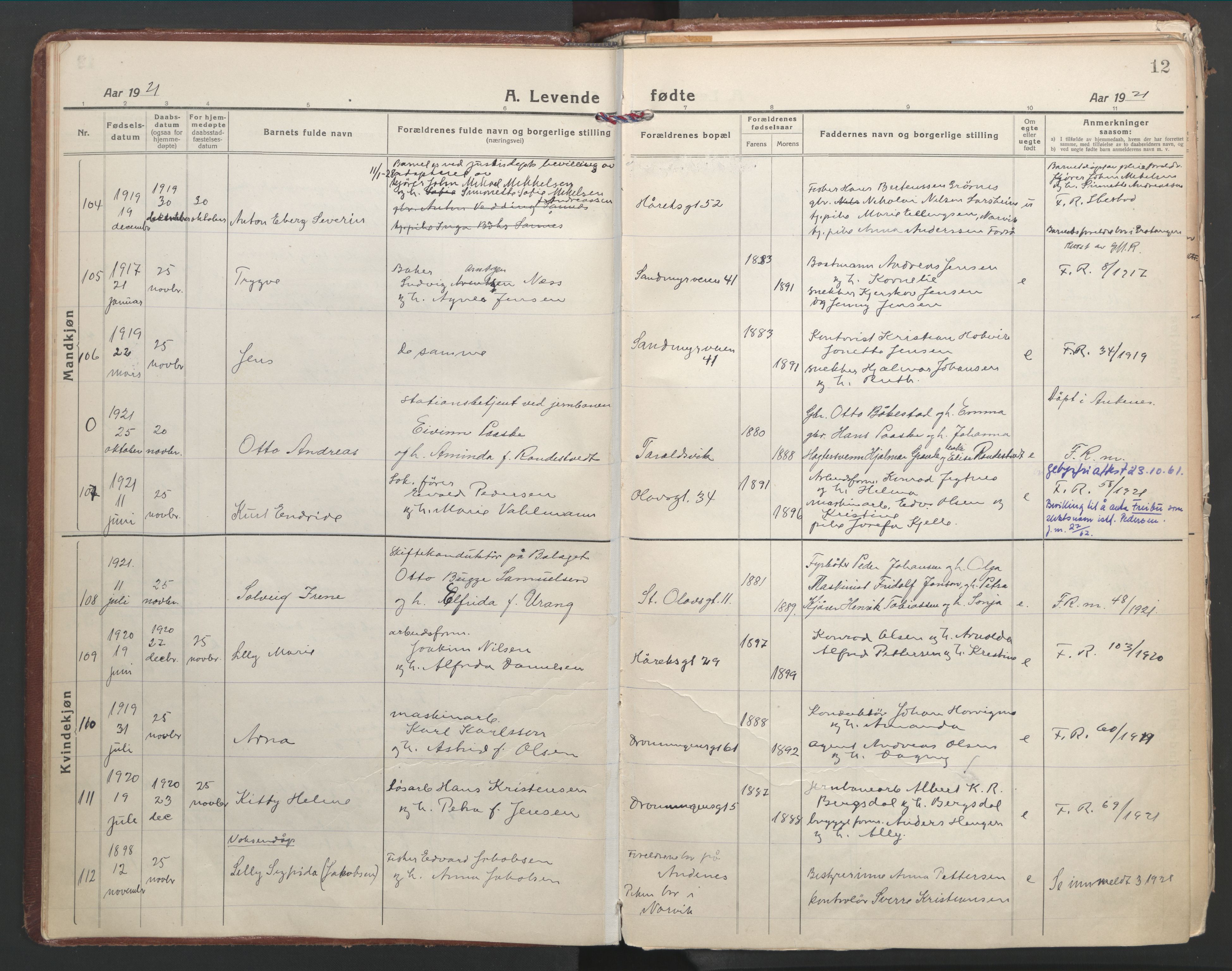 Ministerialprotokoller, klokkerbøker og fødselsregistre - Nordland, AV/SAT-A-1459/871/L1003: Parish register (official) no. 871A19, 1921-1930, p. 12