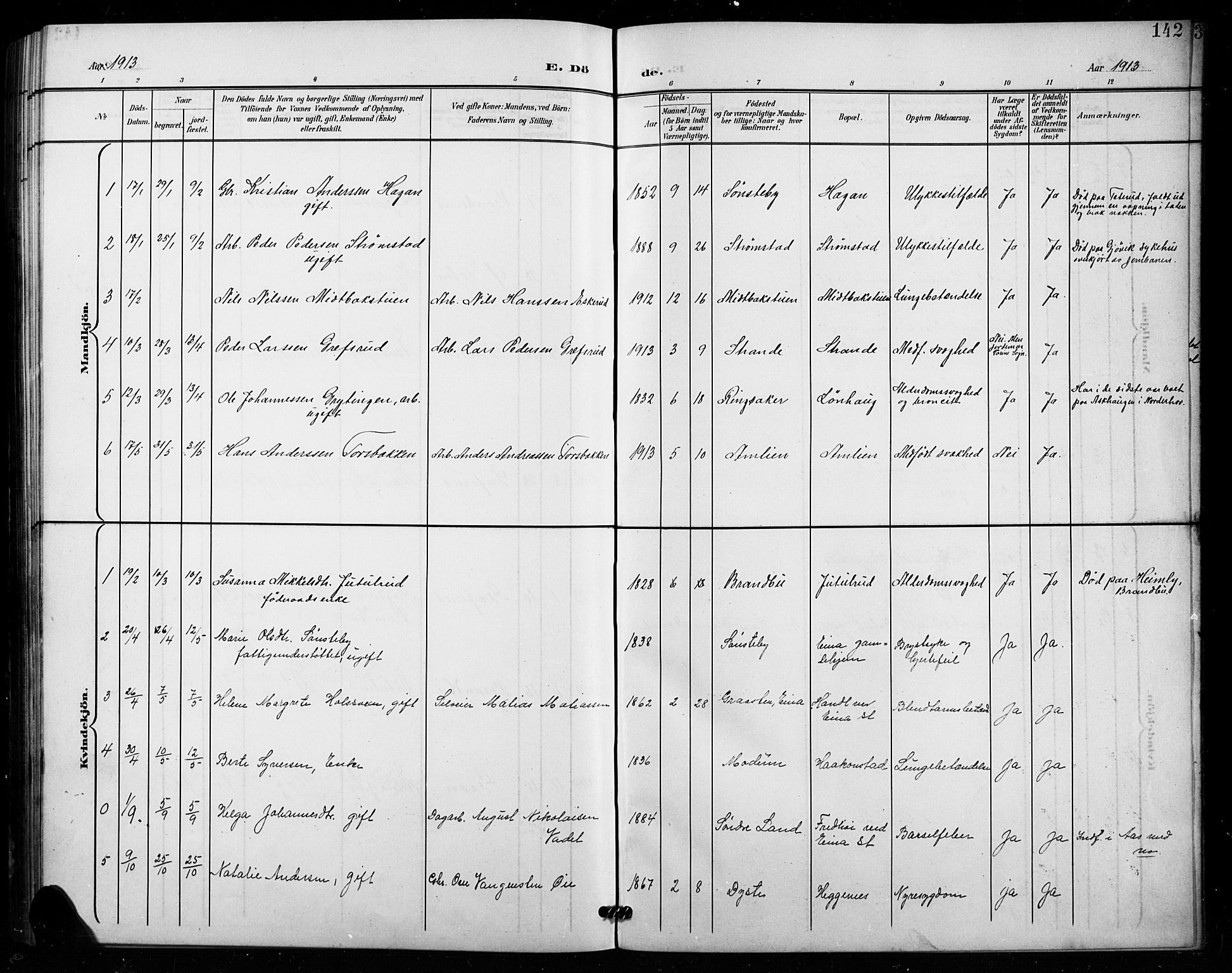 Vestre Toten prestekontor, SAH/PREST-108/H/Ha/Hab/L0016: Parish register (copy) no. 16, 1901-1915, p. 142