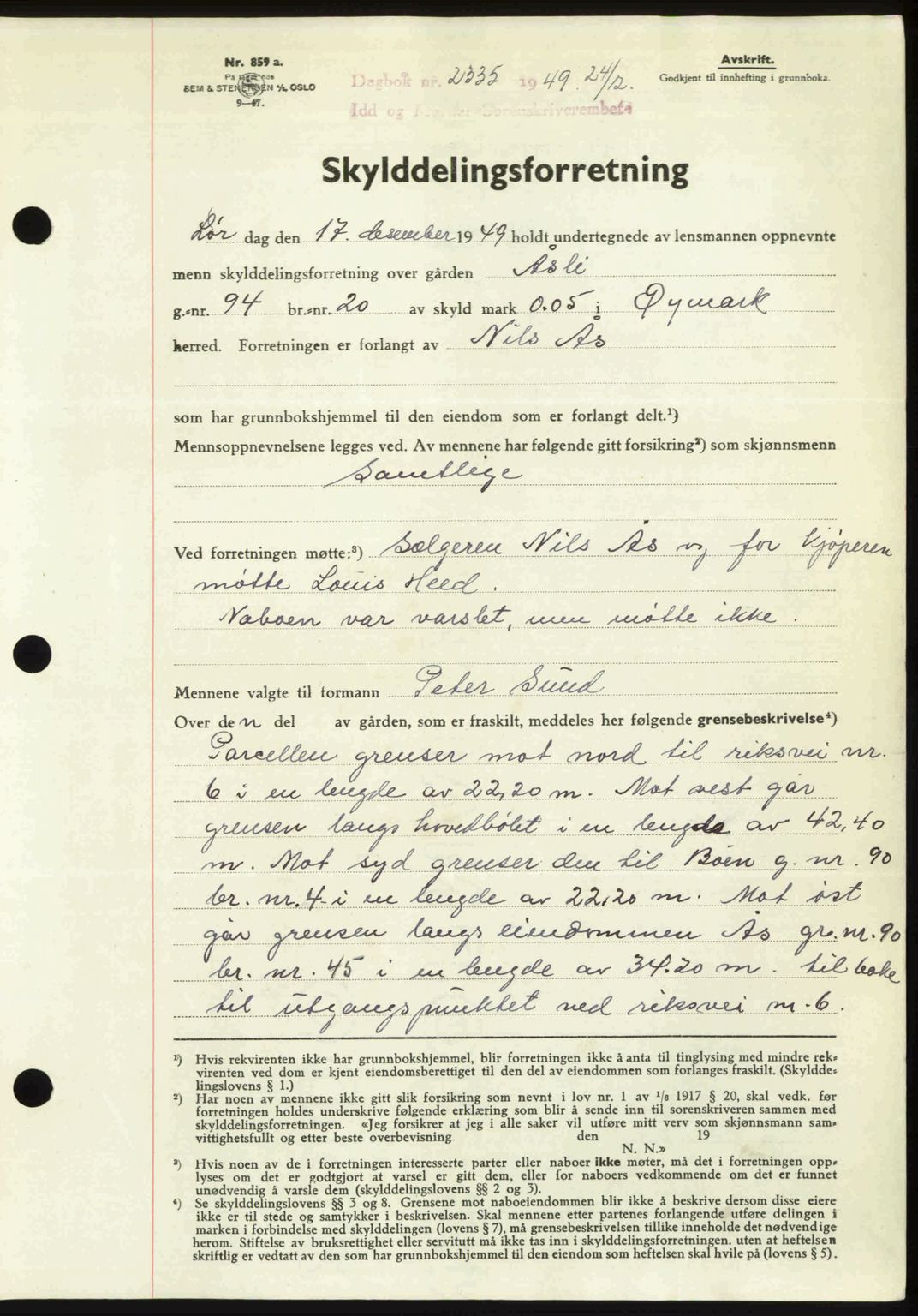 Idd og Marker sorenskriveri, AV/SAO-A-10283/G/Gb/Gbb/L0013: Mortgage book no. A13, 1949-1950, Diary no: : 2335/1949