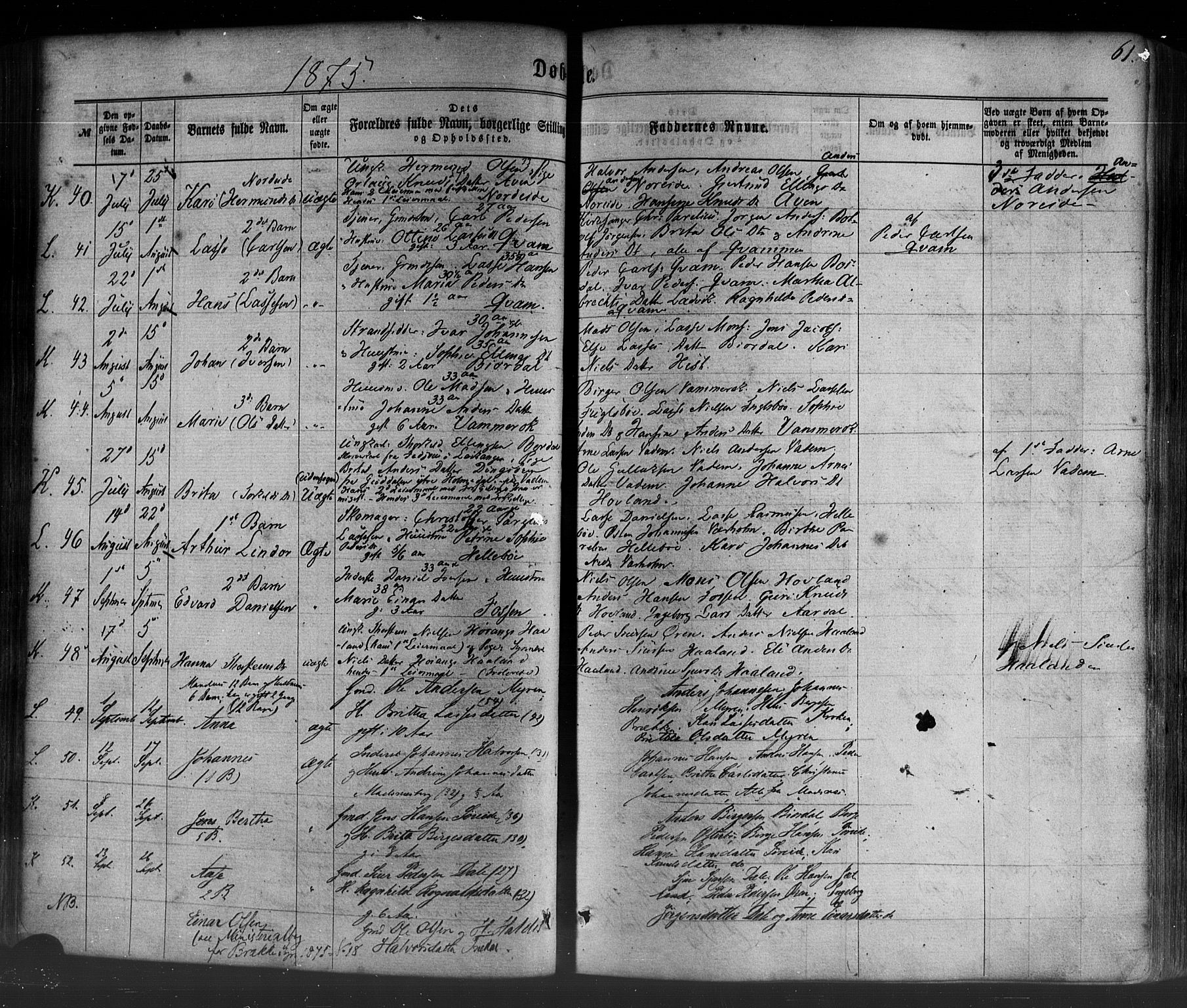 Lavik sokneprestembete, AV/SAB-A-80901: Parish register (official) no. A 4, 1864-1881, p. 61