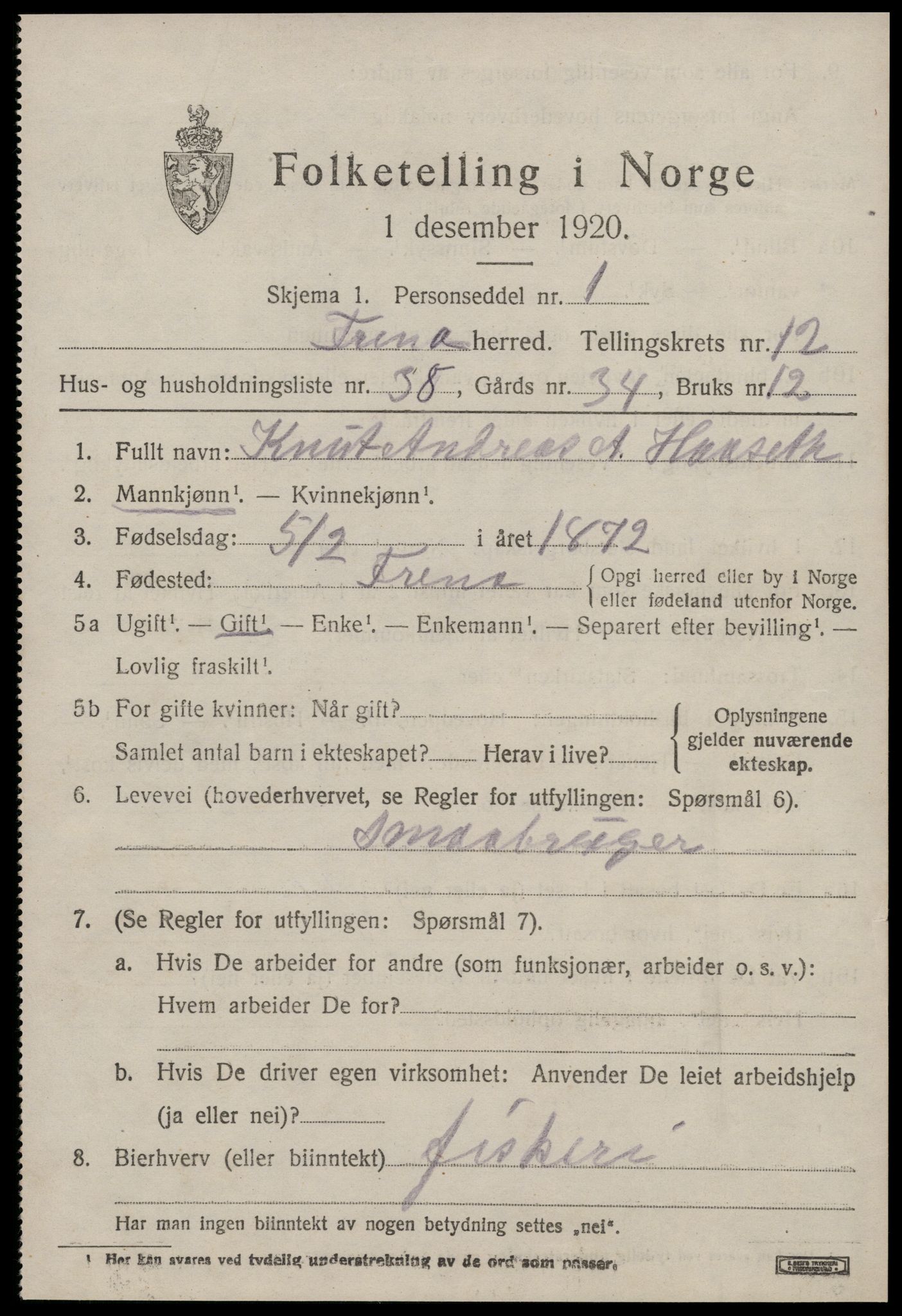 SAT, 1920 census for Fræna, 1920, p. 6909