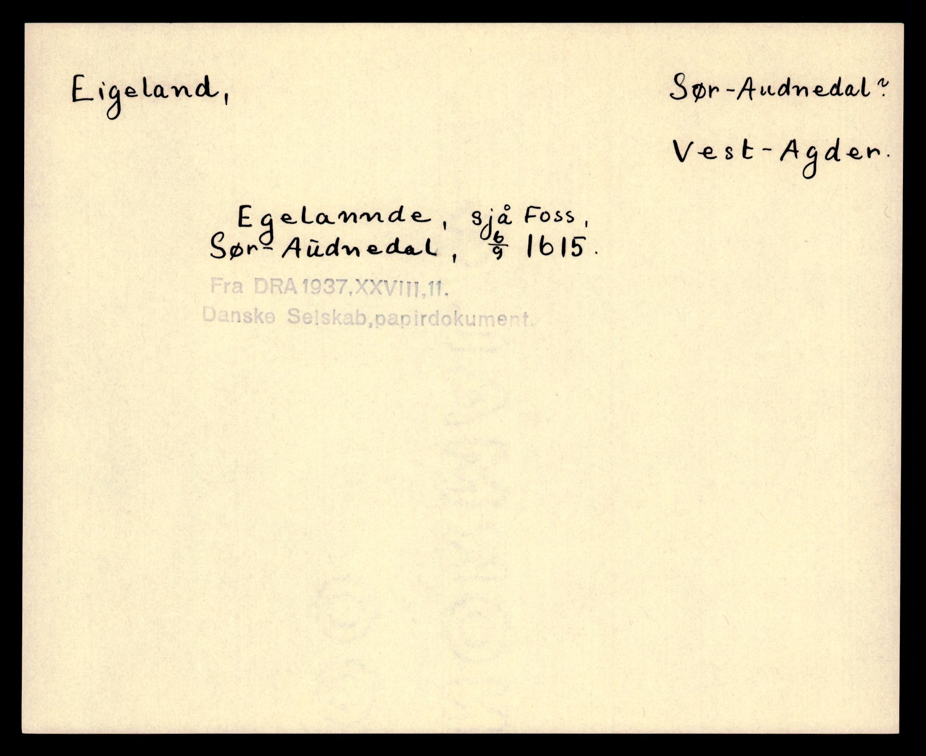 Riksarkivets diplomsamling, AV/RA-EA-5965/F35/F35e/L0025: Registreringssedler Vest-Agder 1, 1400-1700, p. 461