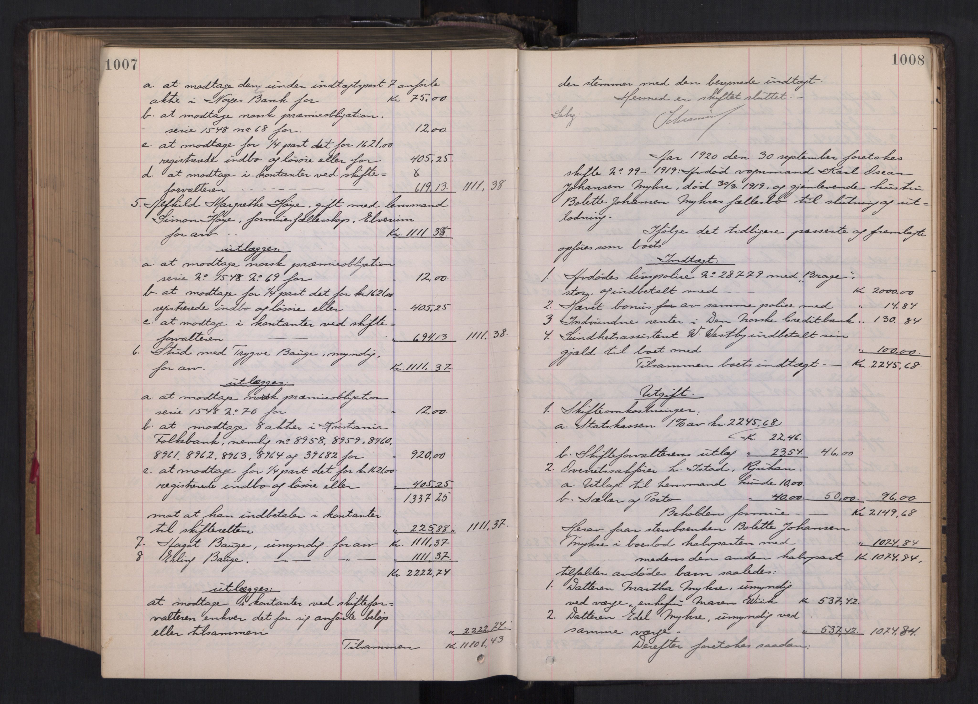 Oslo skifterett, AV/SAO-A-10383/H/Hd/Hdb/L0013: Skifteutlodningsprotokoll, 1918-1920, p. 1007-1008