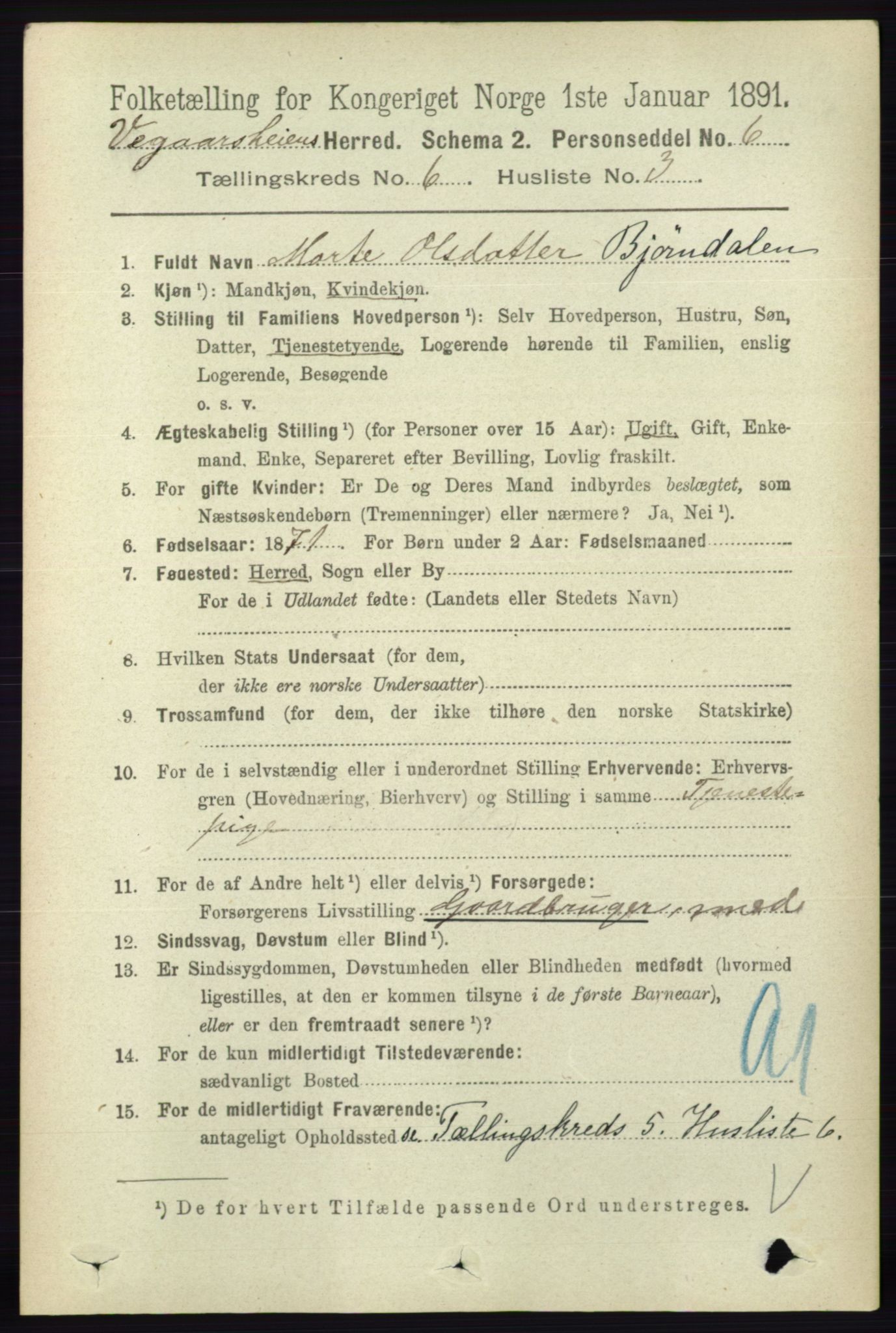RA, 1891 census for 0912 Vegårshei, 1891, p. 1191
