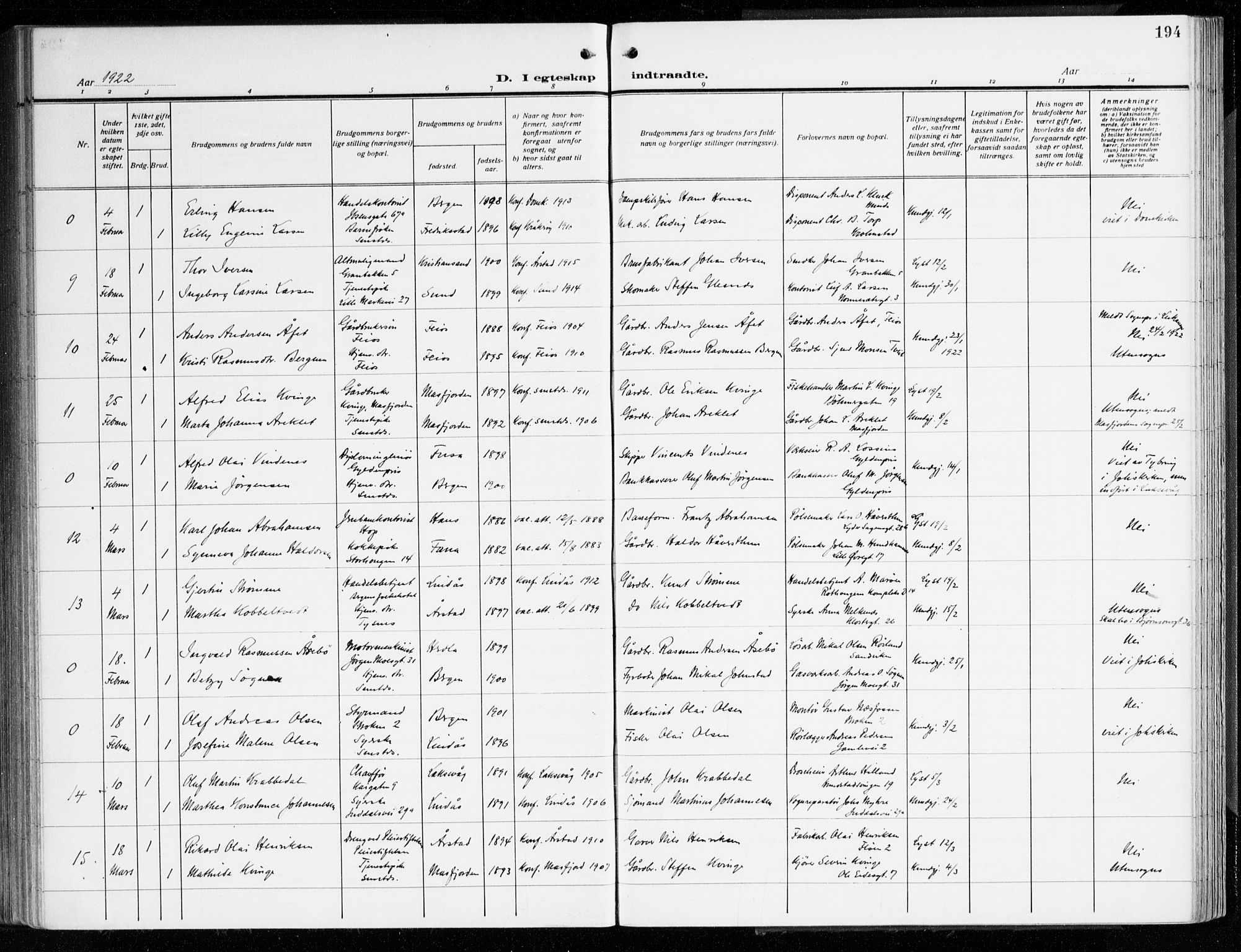 Årstad Sokneprestembete, AV/SAB-A-79301/H/Haa/L0004: Parish register (official) no. A 4, 1919-1928, p. 194