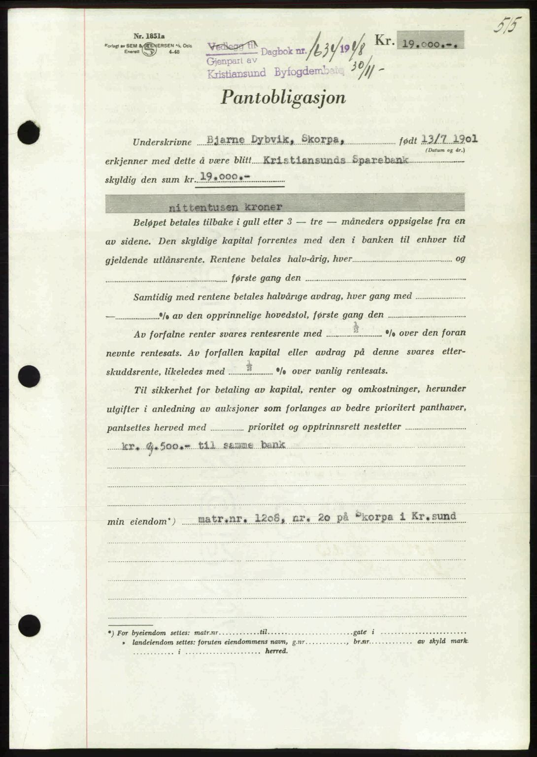 Kristiansund byfogd, AV/SAT-A-4587/A/27: Mortgage book no. 44, 1947-1948, Diary no: : 1634/1948