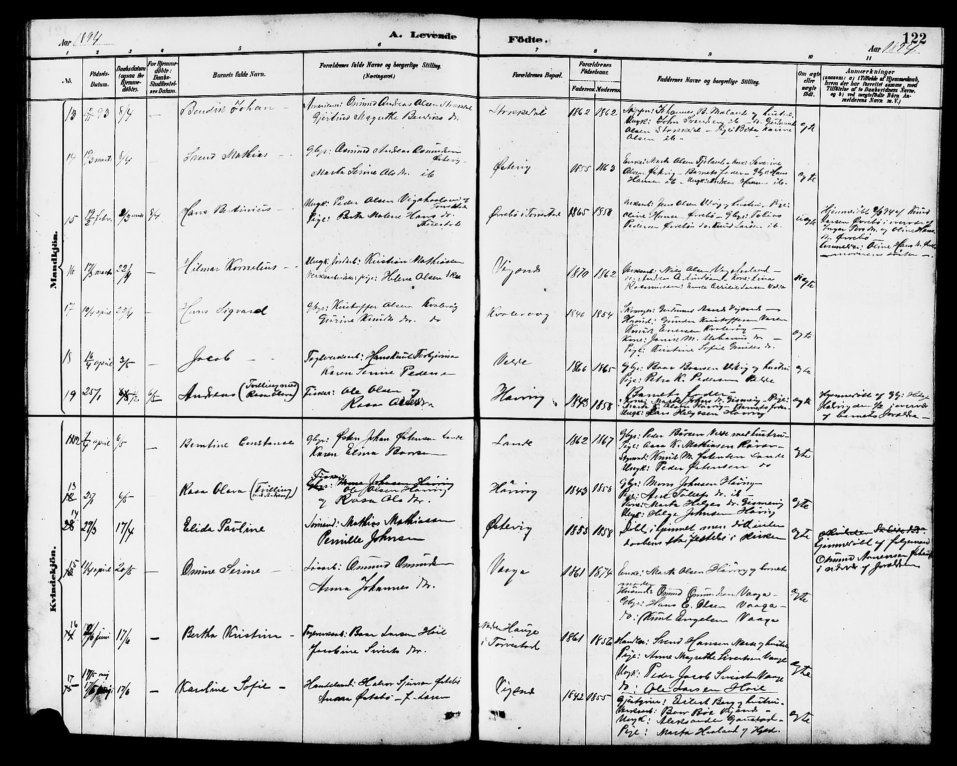 Avaldsnes sokneprestkontor, AV/SAST-A -101851/H/Ha/Hab/L0007: Parish register (copy) no. B 7, 1885-1909, p. 122