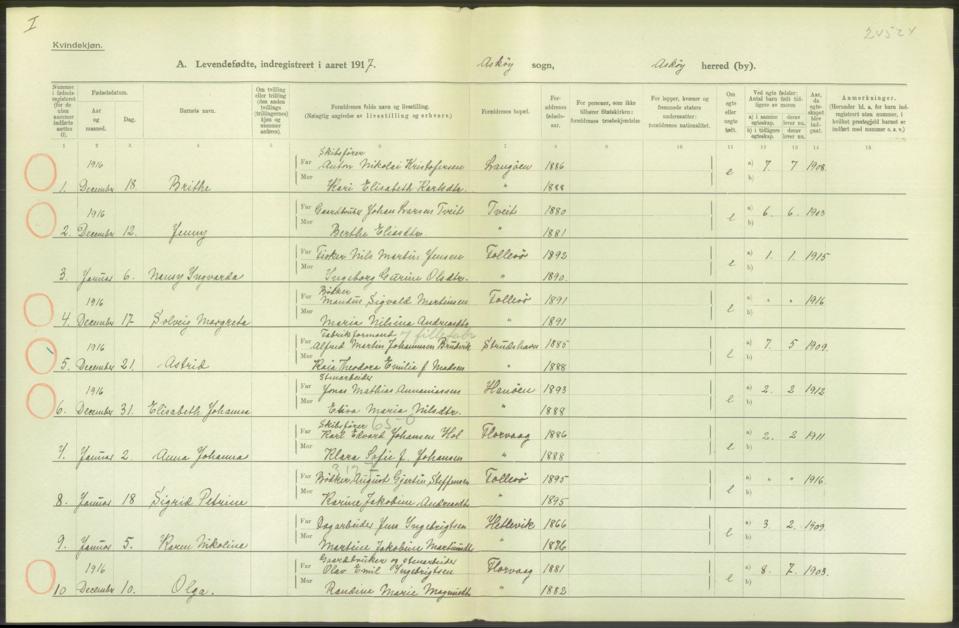 Statistisk sentralbyrå, Sosiodemografiske emner, Befolkning, RA/S-2228/D/Df/Dfb/Dfbg/L0034: S. Bergenhus amt: Levendefødte menn og kvinner. Bygder., 1917, p. 338