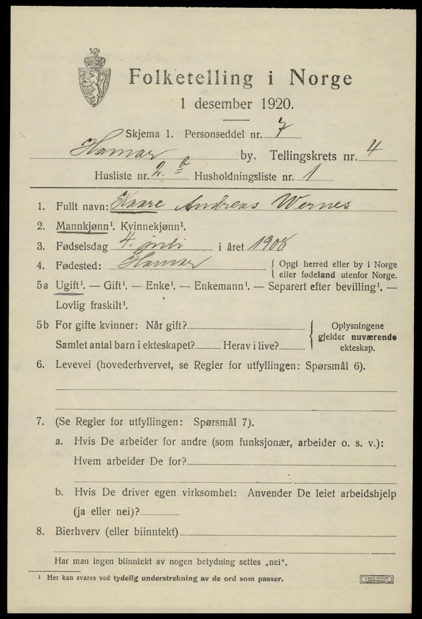 SAH, 1920 census for Hamar, 1920, p. 7871