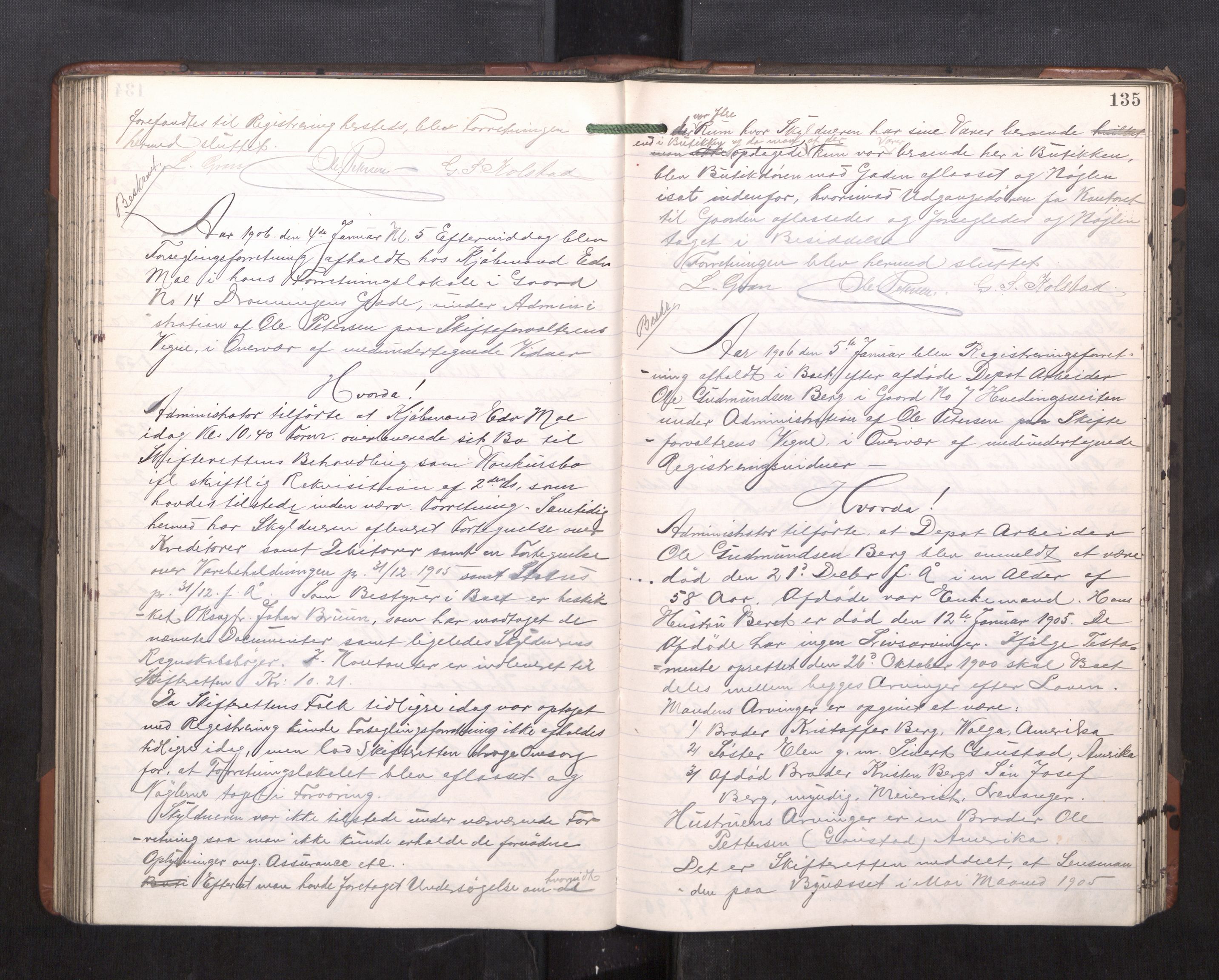 Trondheim byfogd, AV/SAT-A-0003/1/3/3C/L0023: Skifteregistreringsprotokoll - 11/2-15/5. (u/ register), 1905-1907, p. 135
