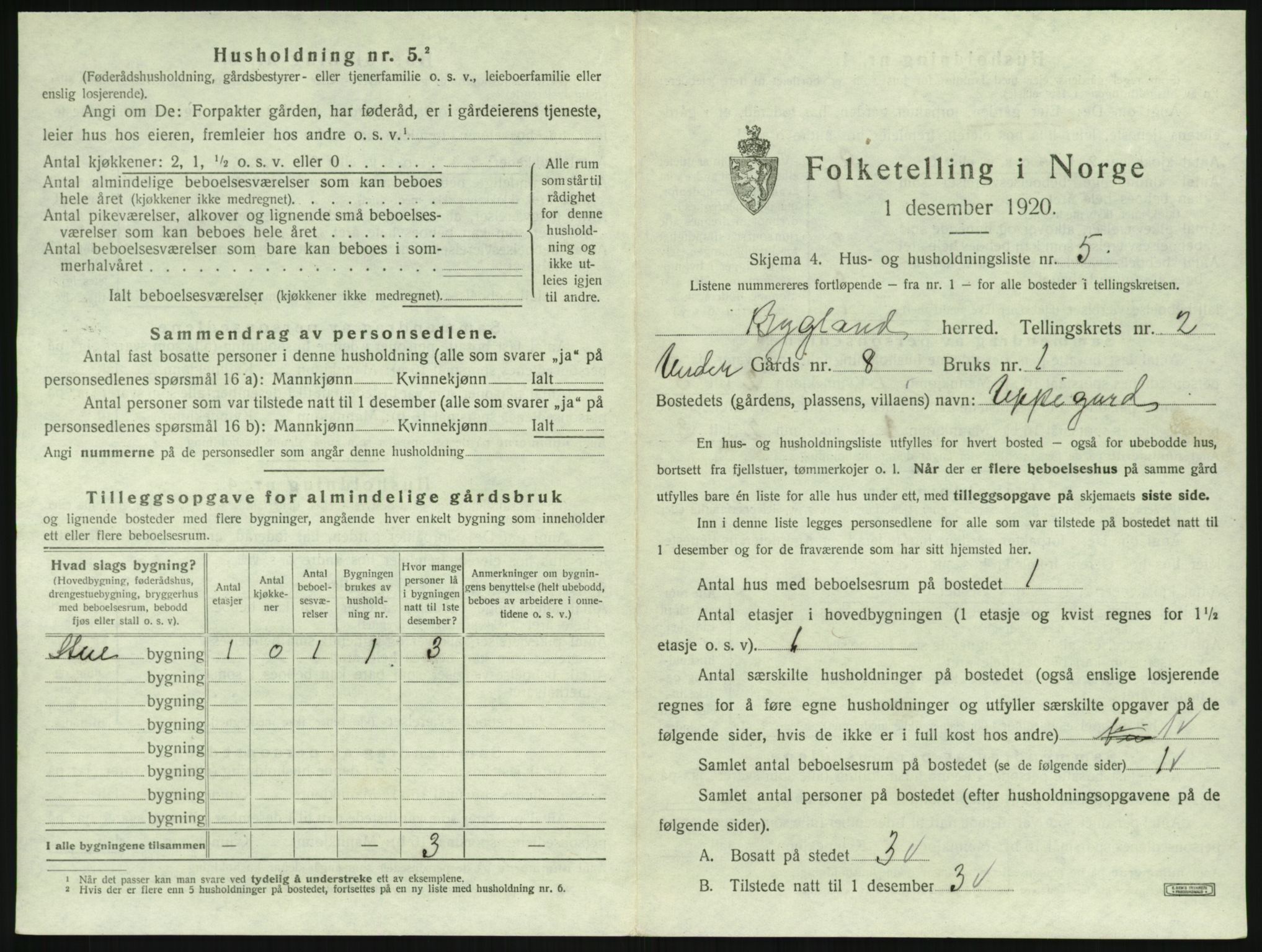 SAK, 1920 census for Bygland, 1920, p. 115