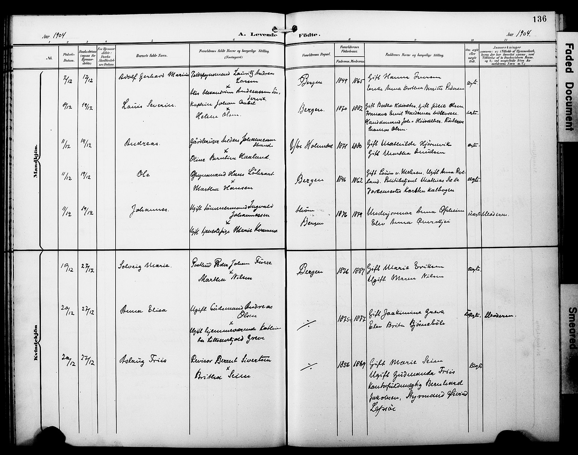 Fødselsstiftelsens sokneprestembete*, SAB/-: Parish register (copy) no. A 1, 1900-1909, p. 136