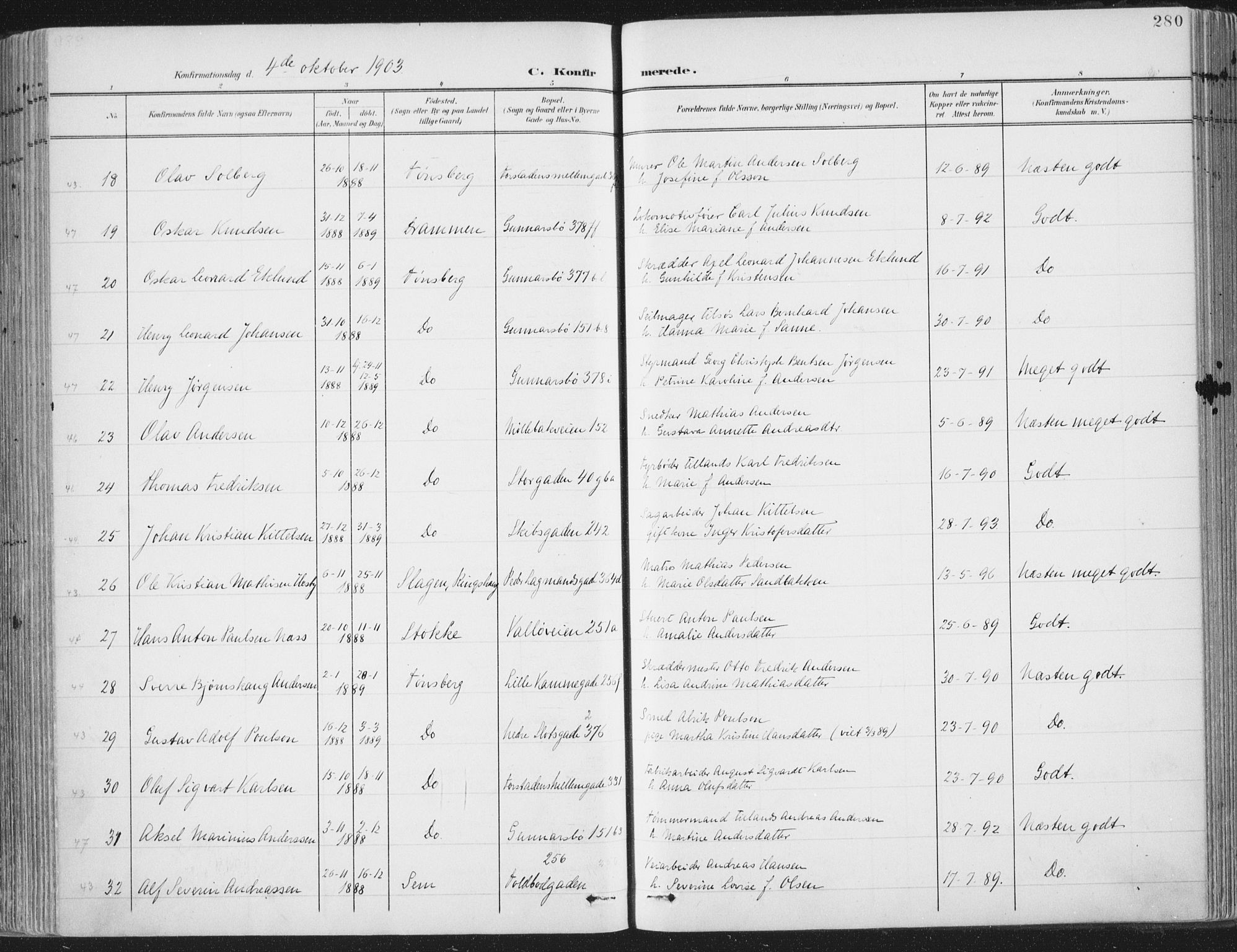 Tønsberg kirkebøker, SAKO/A-330/F/Fa/L0014: Parish register (official) no. I 14, 1900-1913, p. 280
