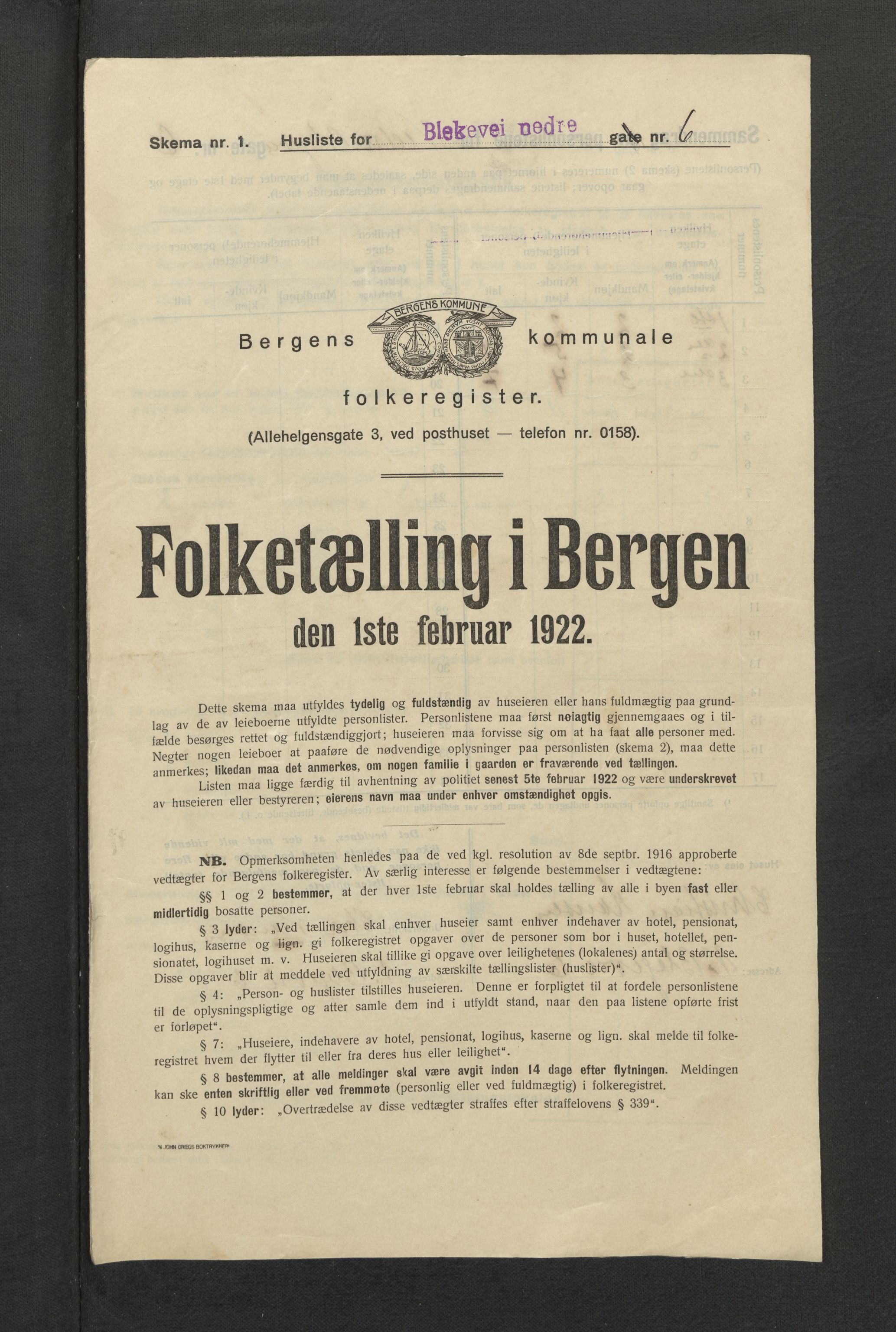 SAB, Municipal Census 1922 for Bergen, 1922, p. 3159