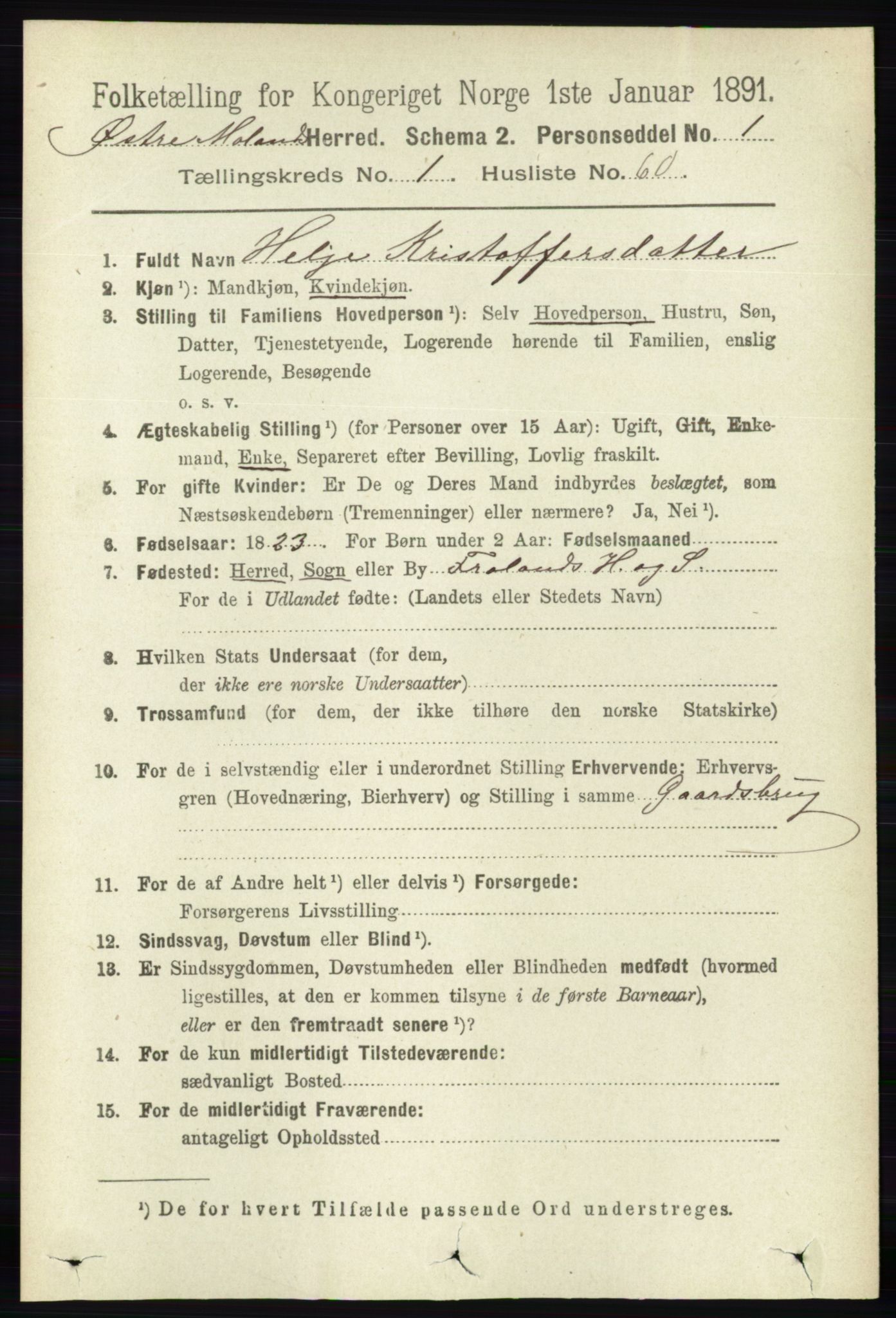 RA, 1891 census for 0918 Austre Moland, 1891, p. 496