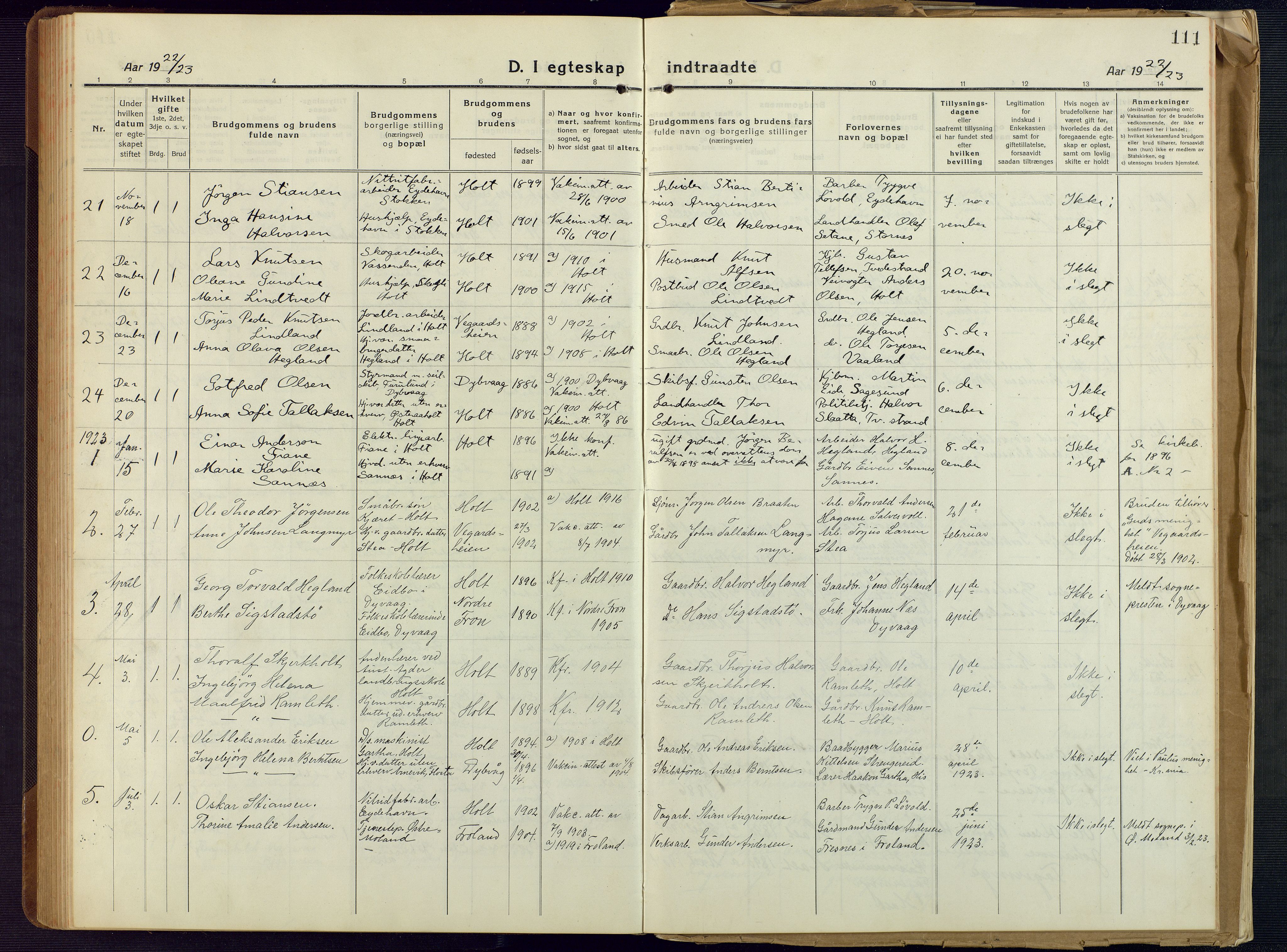 Holt sokneprestkontor, AV/SAK-1111-0021/F/Fb/L0012: Parish register (copy) no. B 12, 1919-1944, p. 111