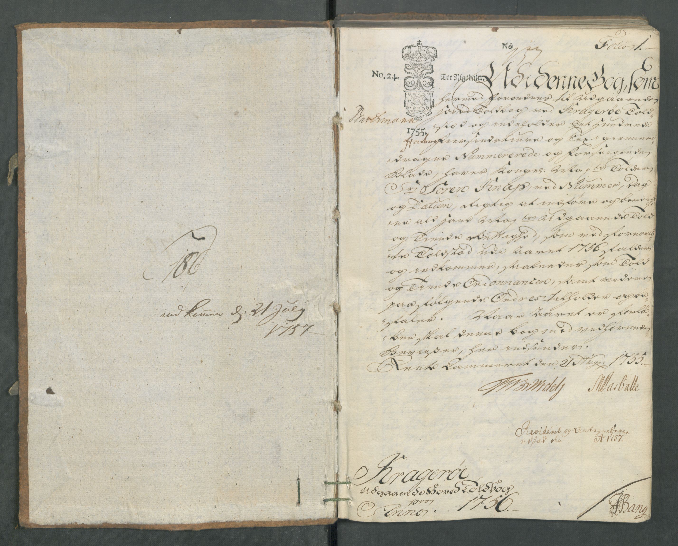 Generaltollkammeret, tollregnskaper, AV/RA-EA-5490/R13/L0021/0001: Tollregnskaper Kragerø / Utgående hovedtollbok, 1756, p. 1a