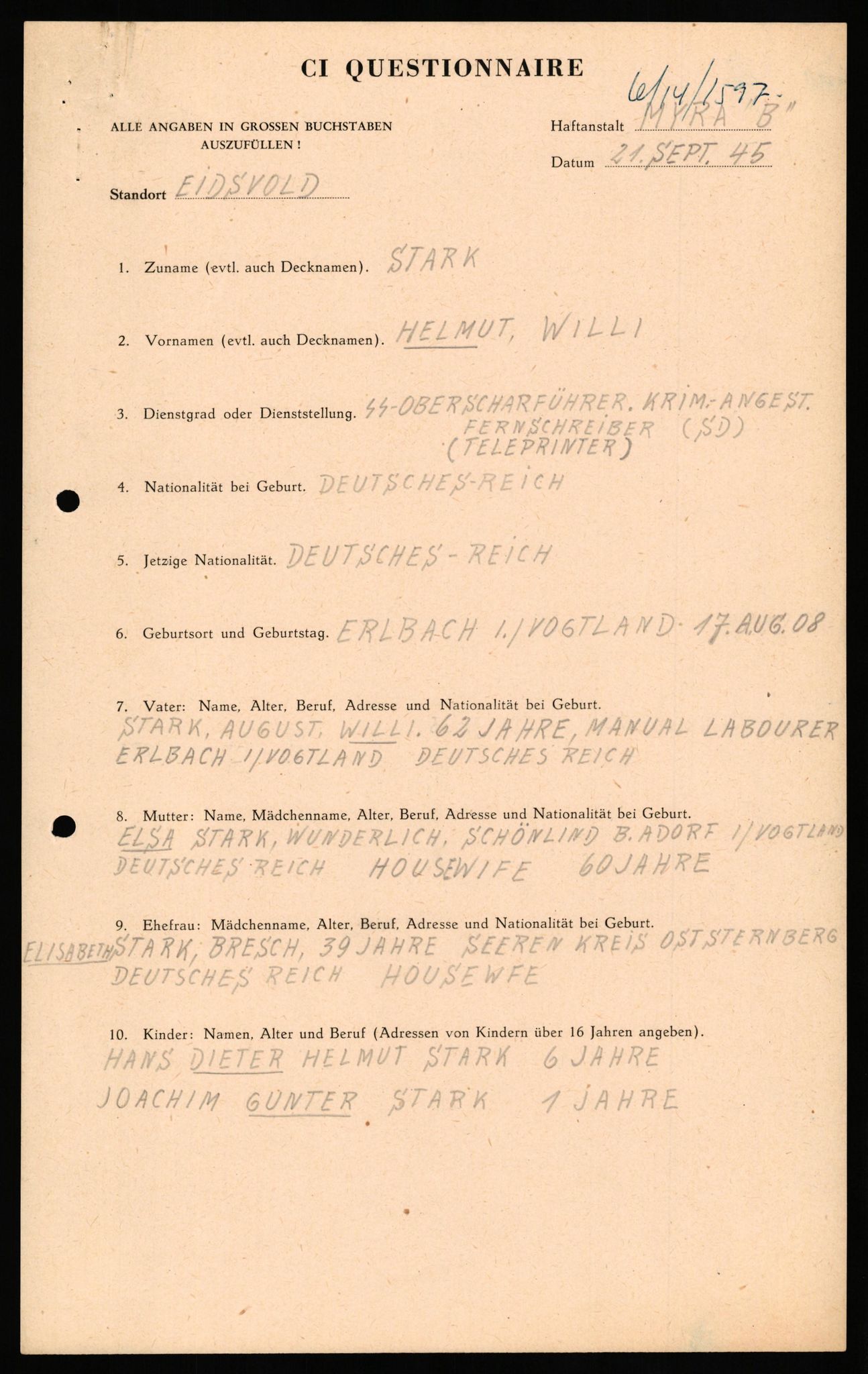 Forsvaret, Forsvarets overkommando II, RA/RAFA-3915/D/Db/L0032: CI Questionaires. Tyske okkupasjonsstyrker i Norge. Tyskere., 1945-1946, p. 326