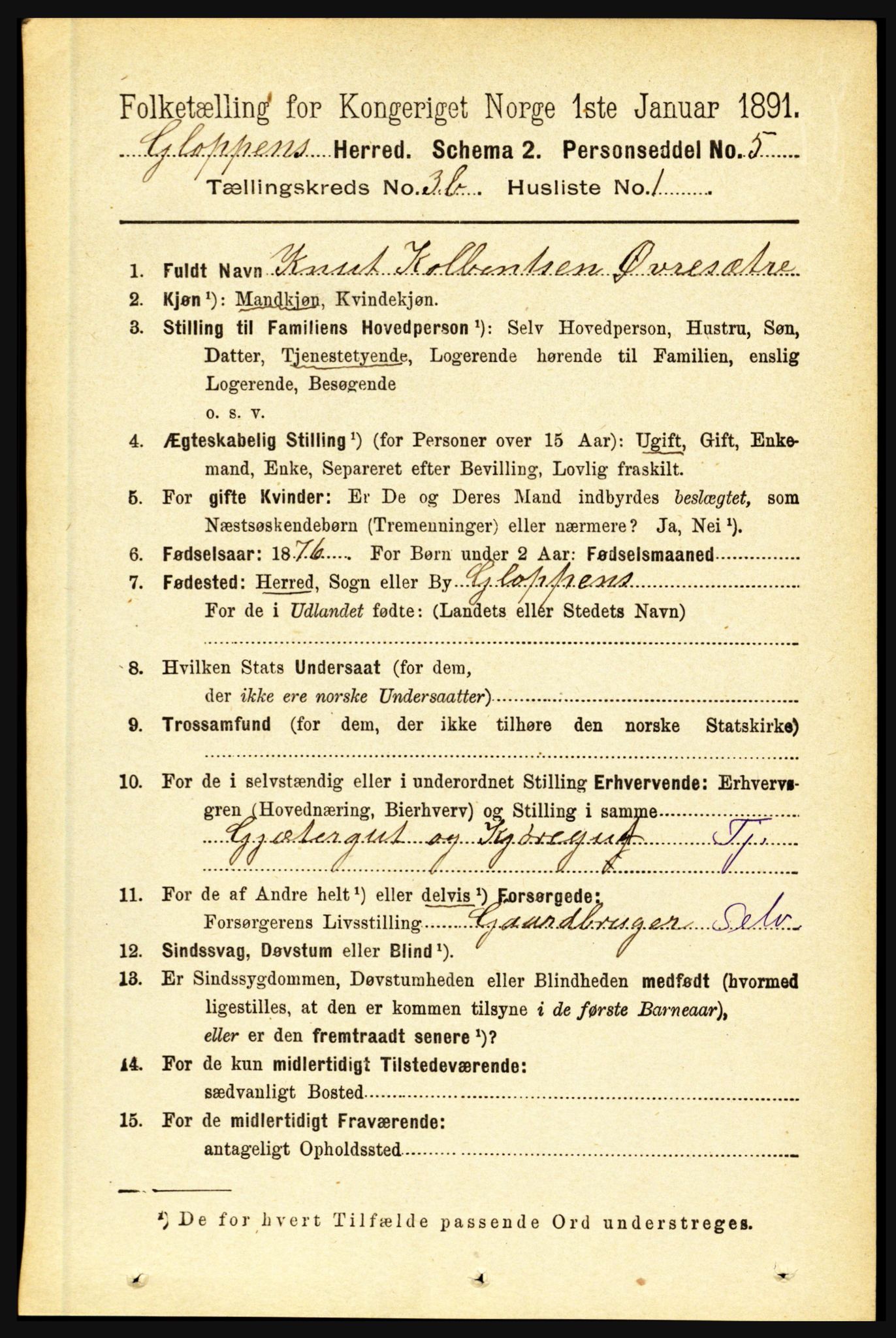 RA, 1891 census for 1445 Gloppen, 1891, p. 1451