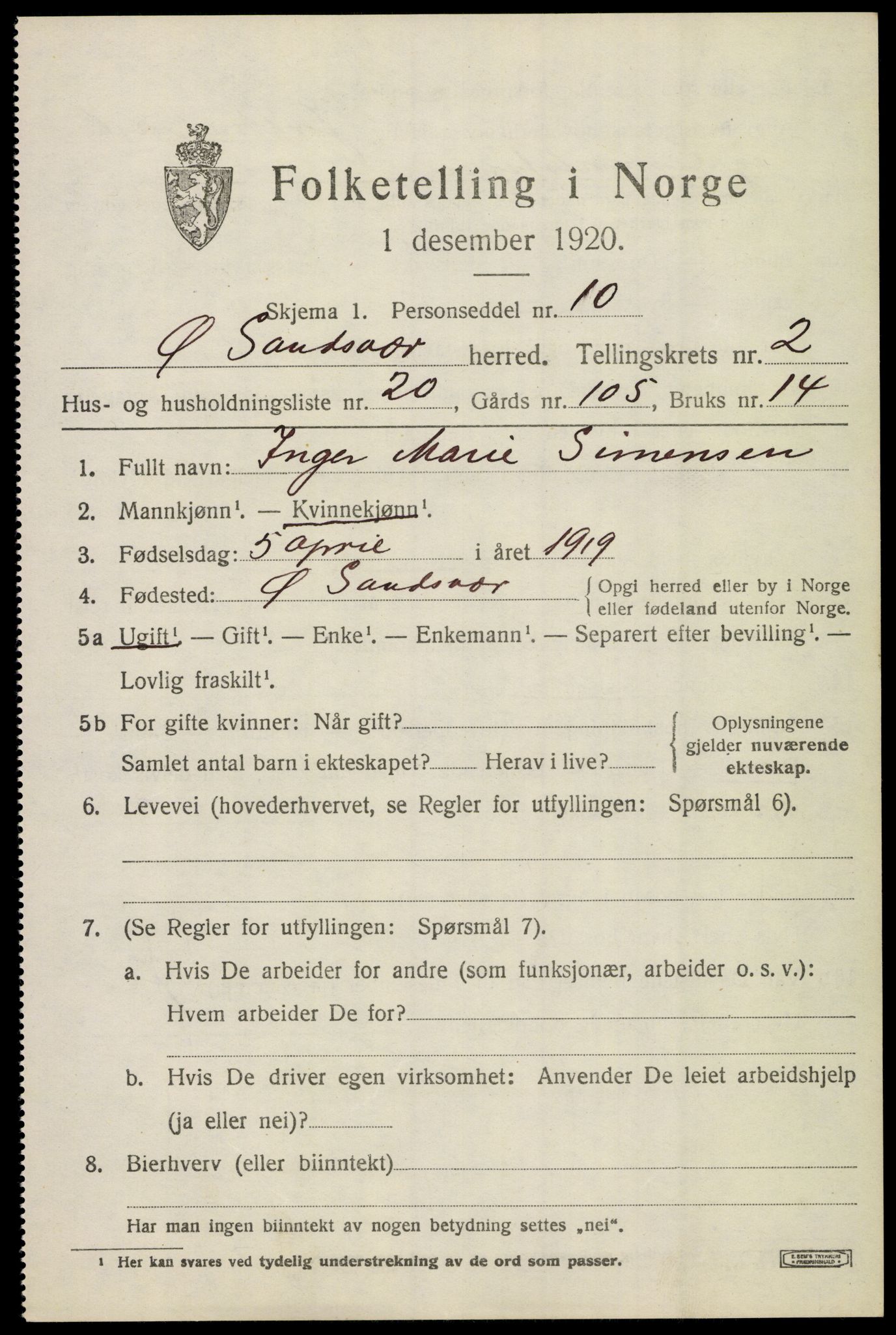 SAKO, 1920 census for Øvre Sandsvær, 1920, p. 1958