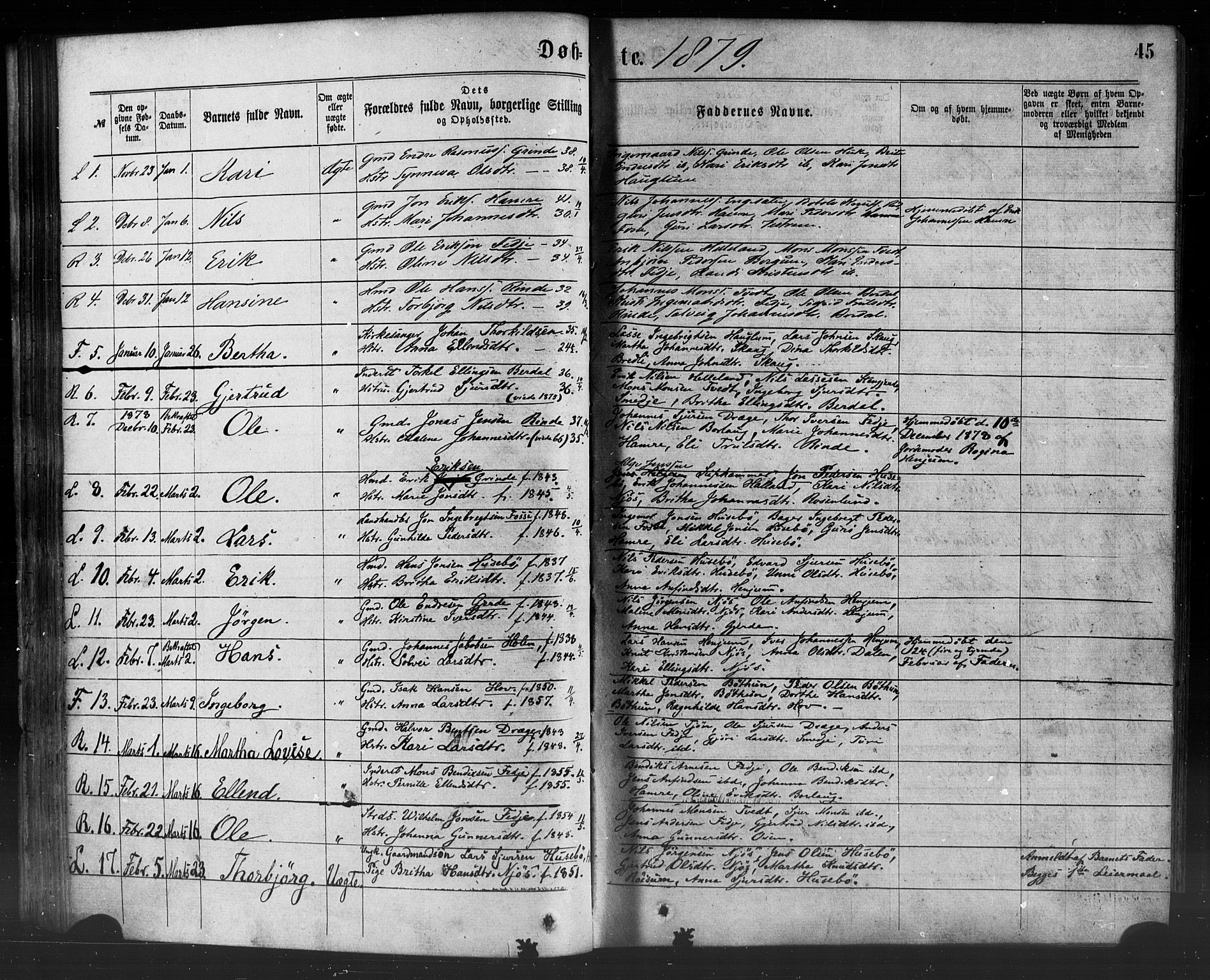 Leikanger sokneprestembete, SAB/A-81001: Parish register (official) no. A 9, 1869-1888, p. 45