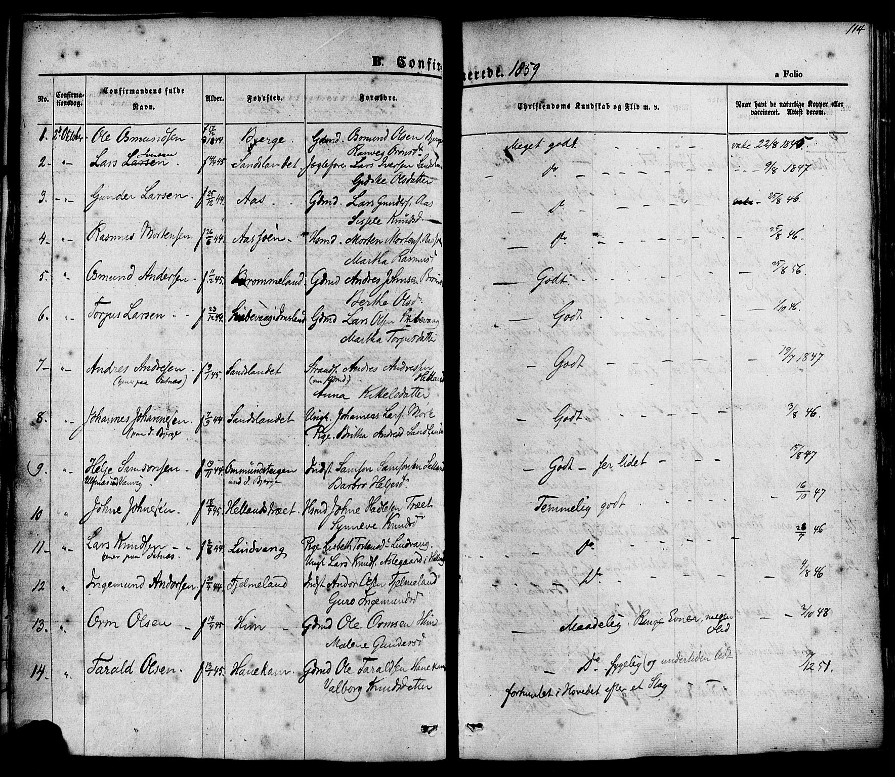 Sand sokneprestkontor, AV/SAST-A-101848/01/III/L0003: Parish register (official) no. A 3, 1854-1879, p. 114