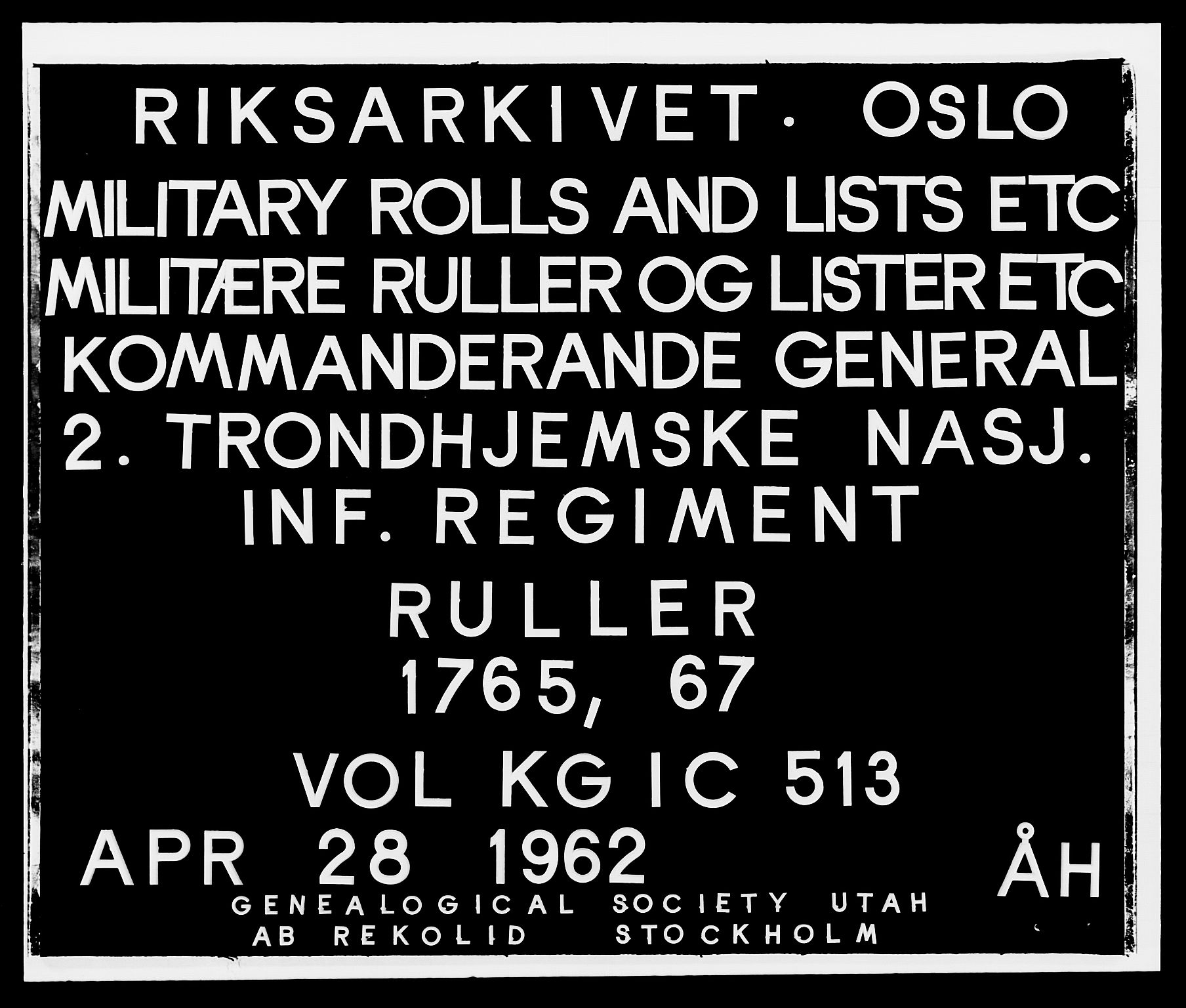 Kommanderende general (KG I) med Det norske krigsdirektorium, AV/RA-EA-5419/E/Ea/L0513: 2. Trondheimske regiment, 1765-1767, p. 1